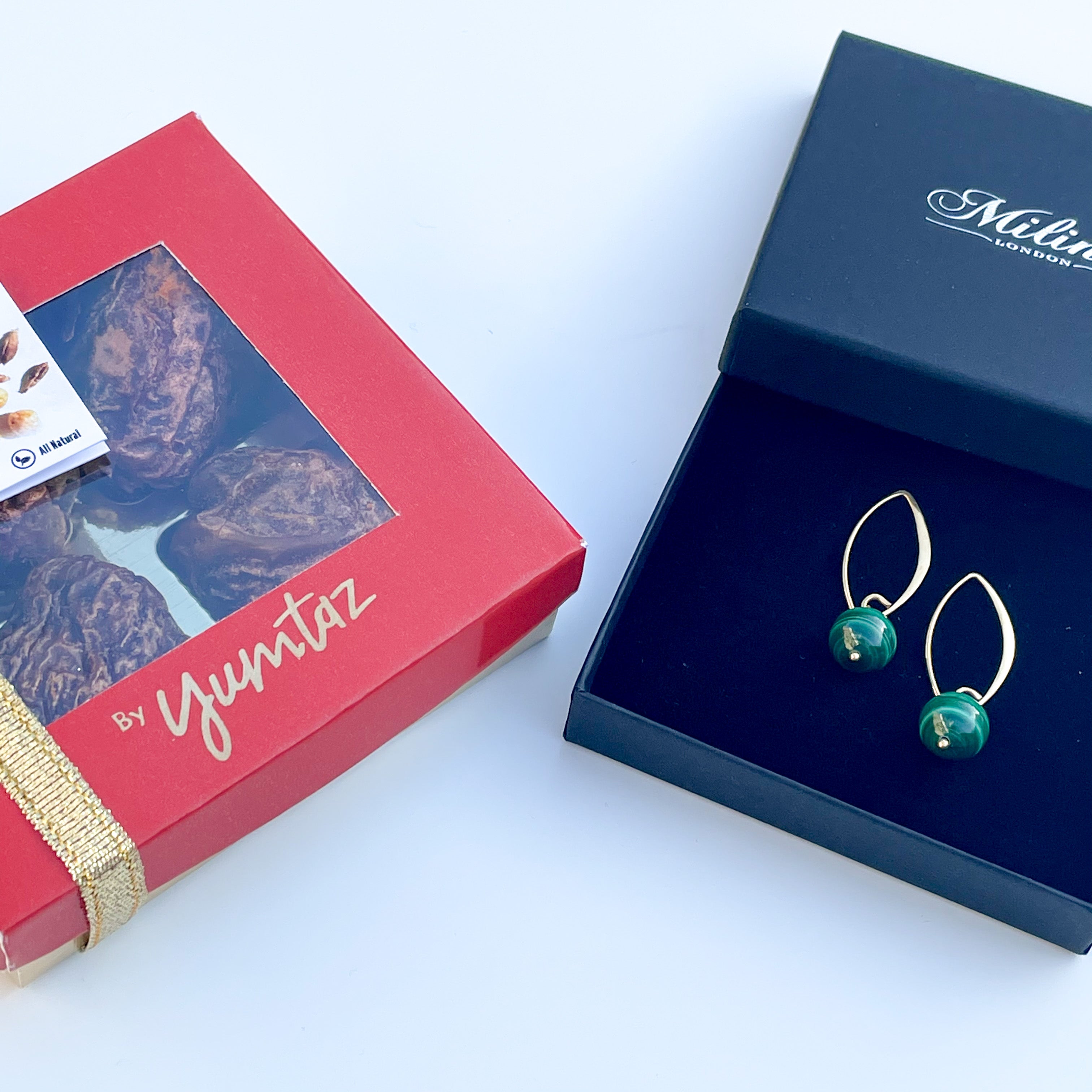 Malachite Drop Earrings in Gold Plated Sterling Silver with a box of 4 Stuffed Medjool Dates