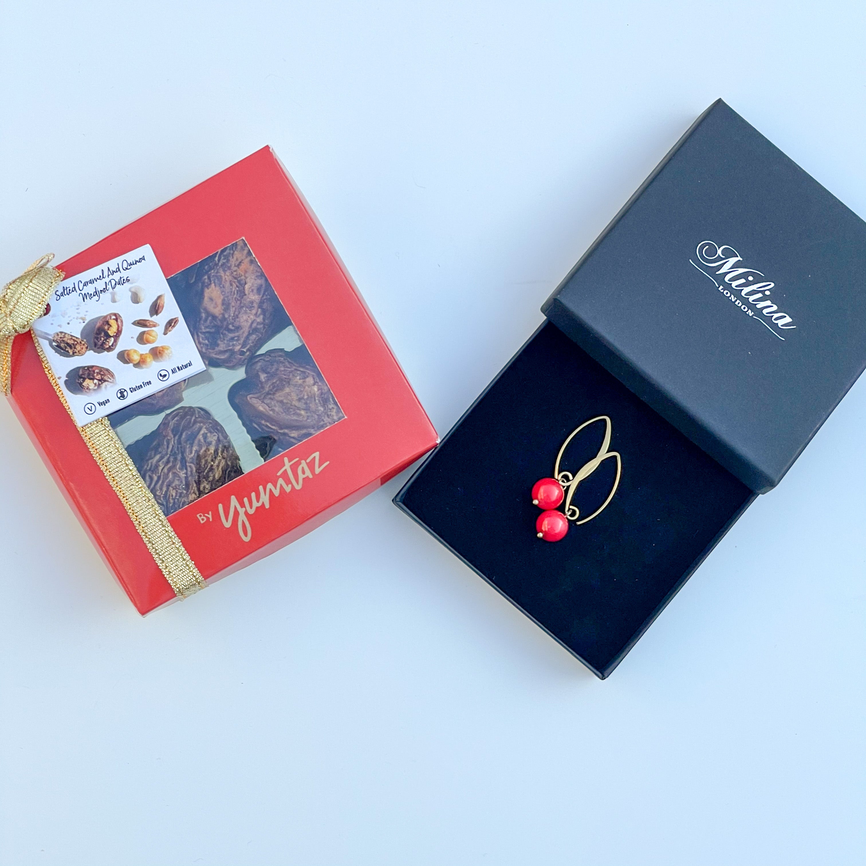 Coral Drop Earrings in Gold Plated Sterling Silver with a box of 4 Stuffed Medjool Dates