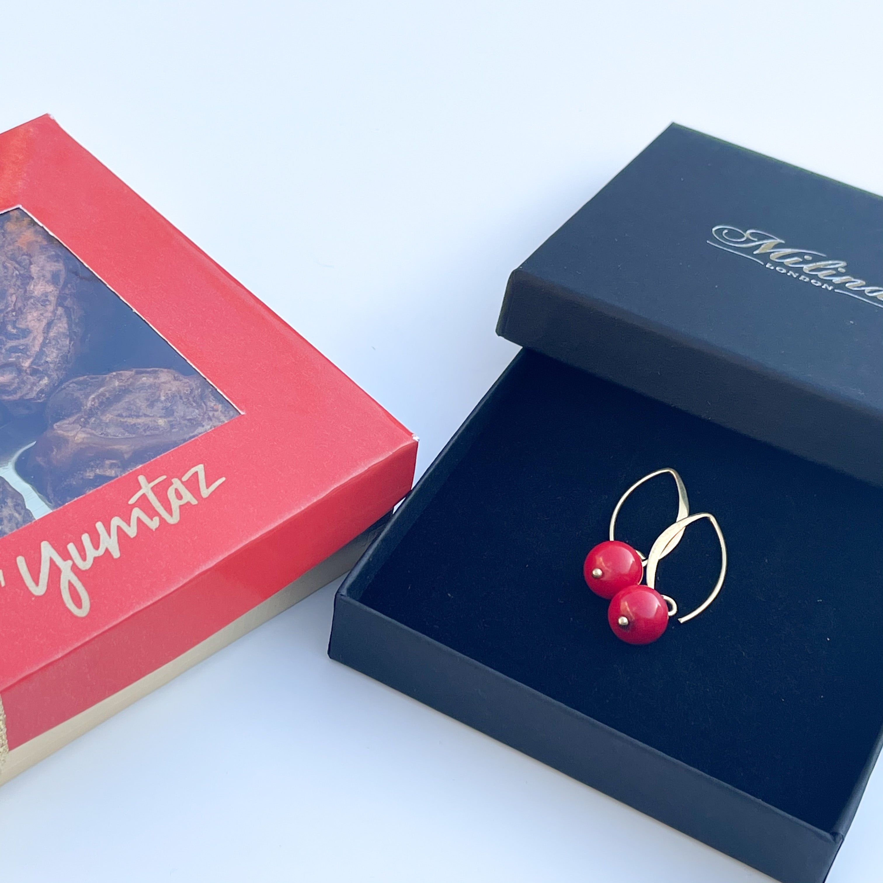 Coral Drop Earrings in Gold Plated Sterling Silver with a box of 4 Stuffed Medjool Dates