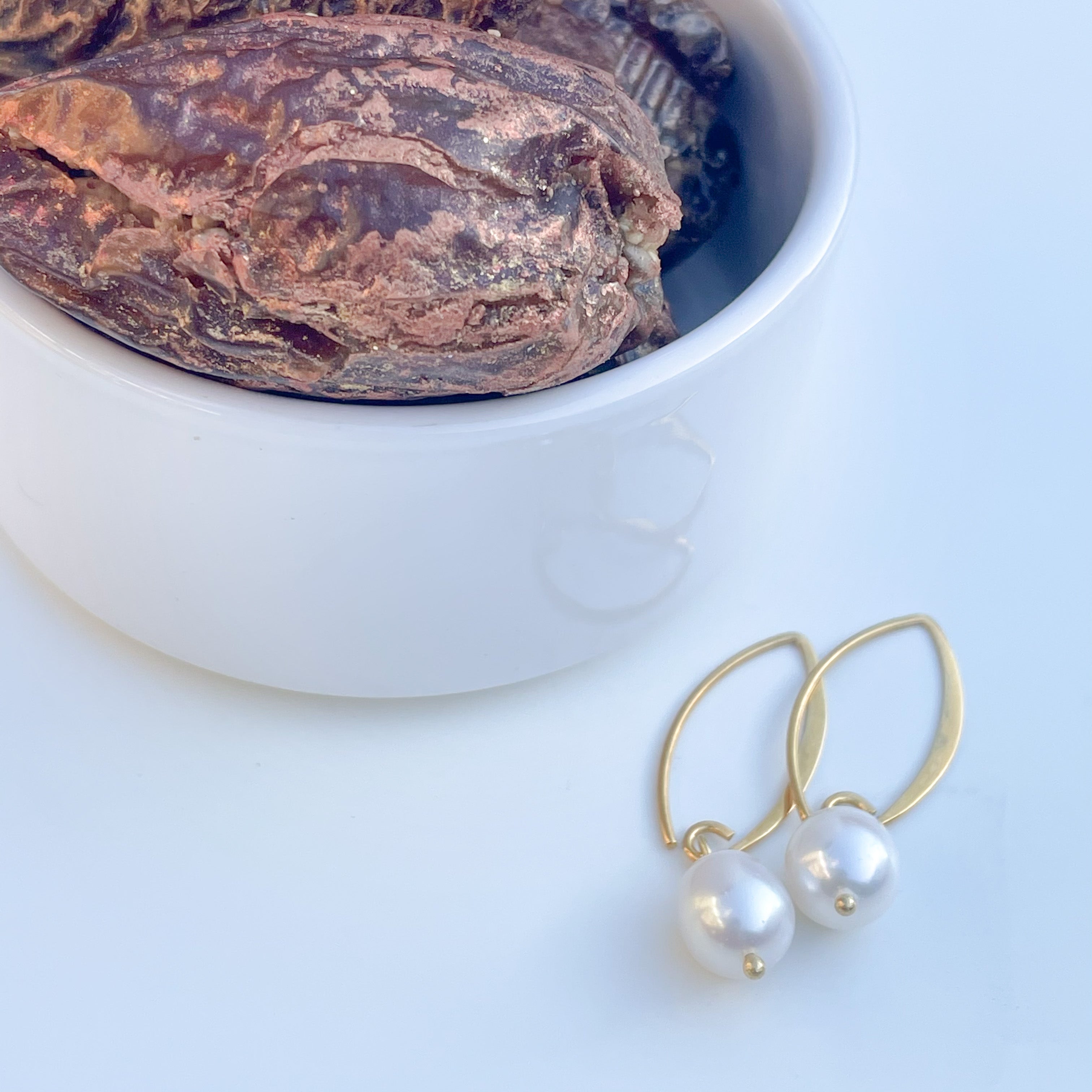Pearl Drop Earrings in Gold Plated Sterling Silver with a box of 4 Stuffed Medjool Dates