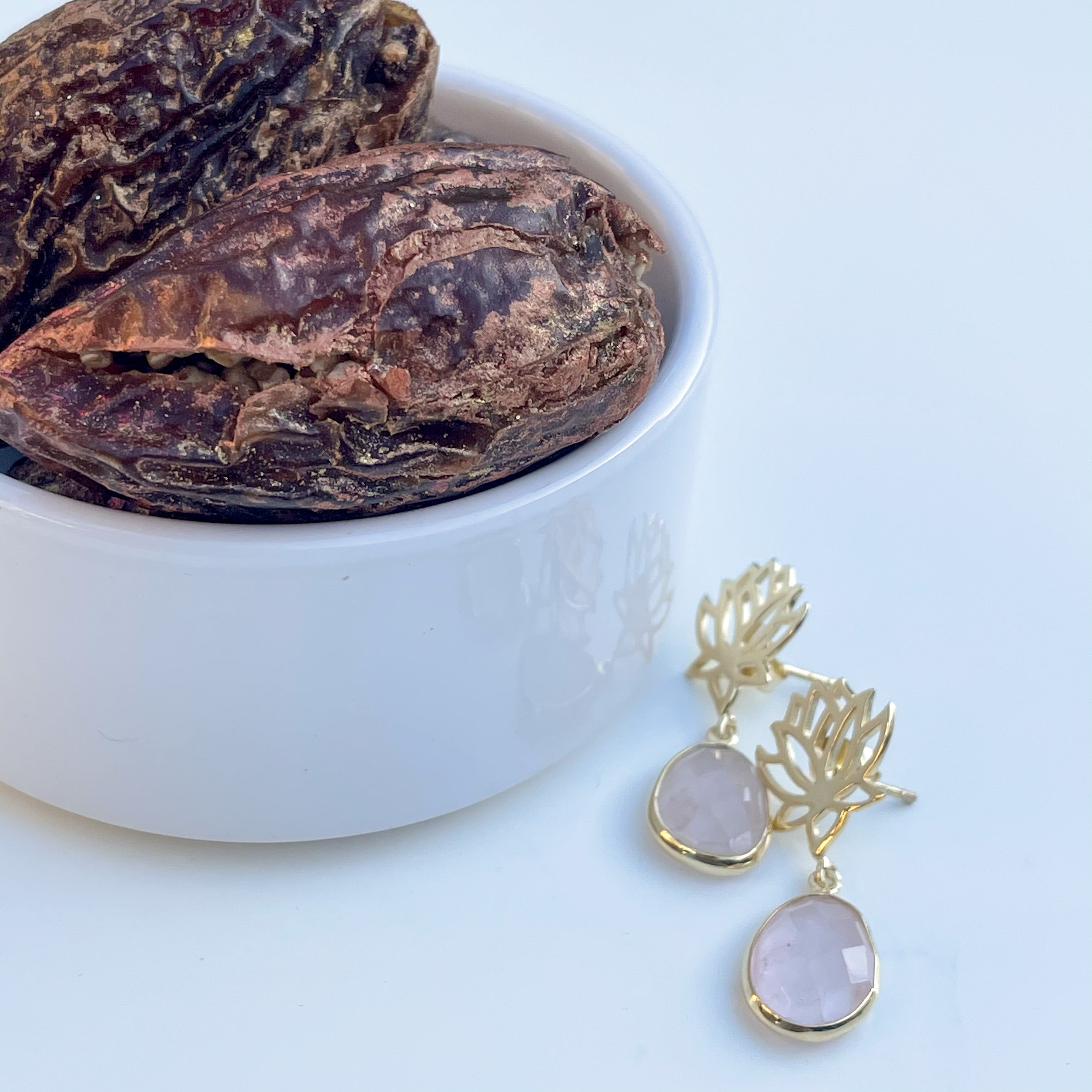Rose Quartz Lotus Earrings in Gold Plated Sterling Silver with a box of 4 Stuffed Medjool Dates