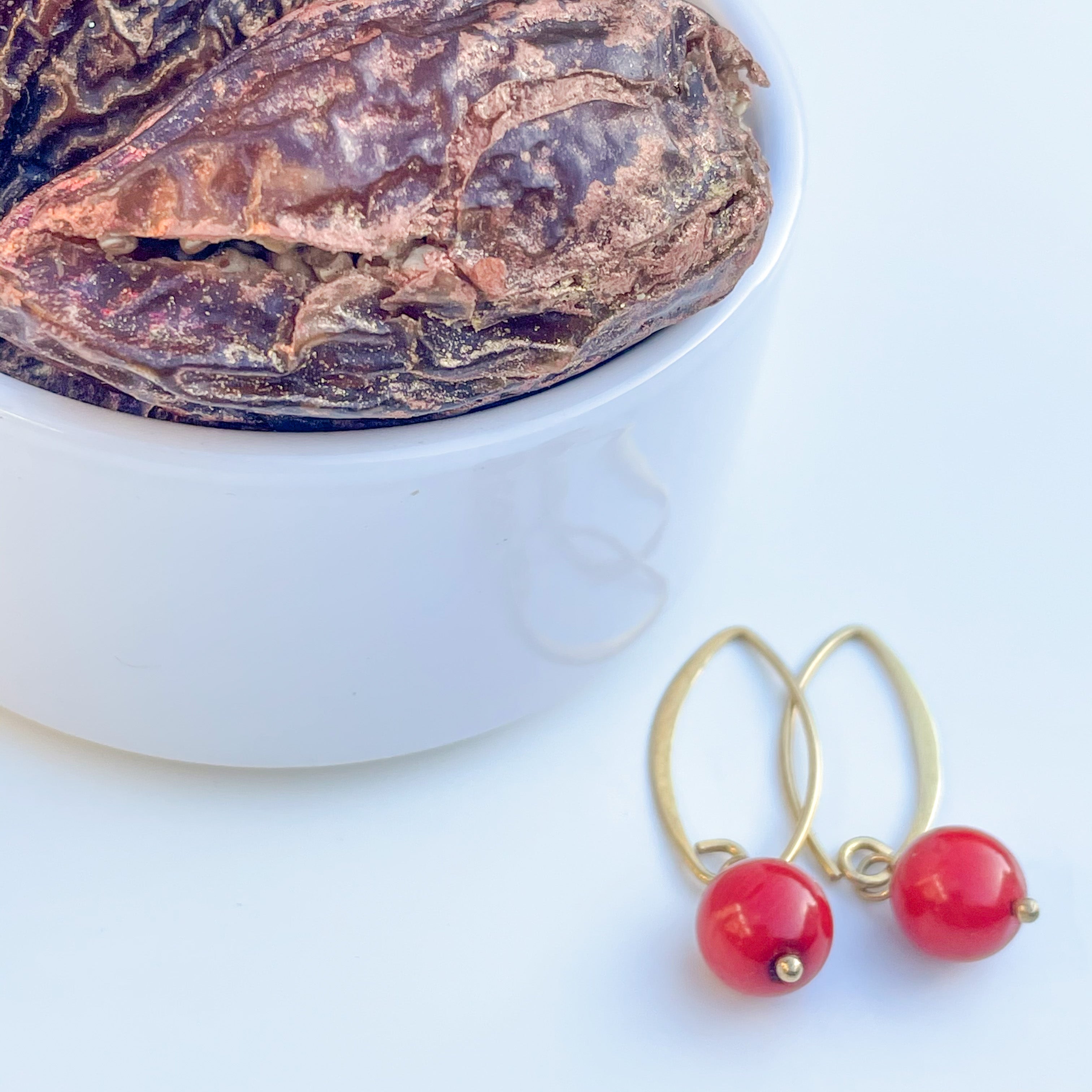 Coral Drop Earrings in Gold Plated Sterling Silver with a box of 4 Stuffed Medjool Dates