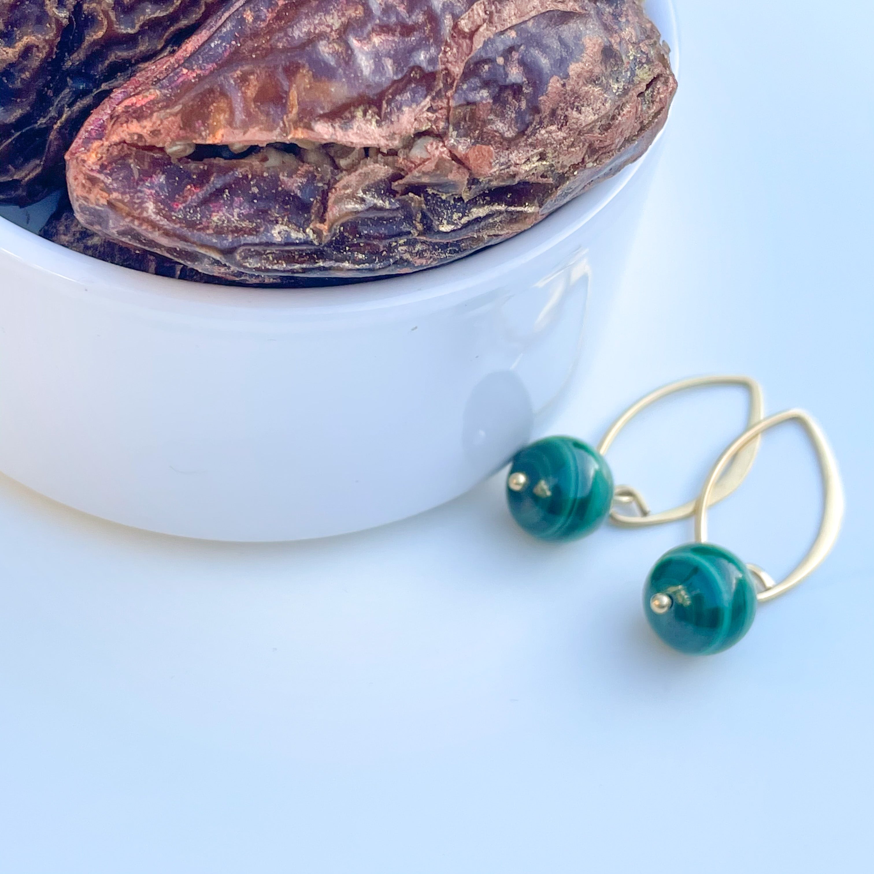 Malachite Drop Earrings in Gold Plated Sterling Silver with a box of 4 Stuffed Medjool Dates