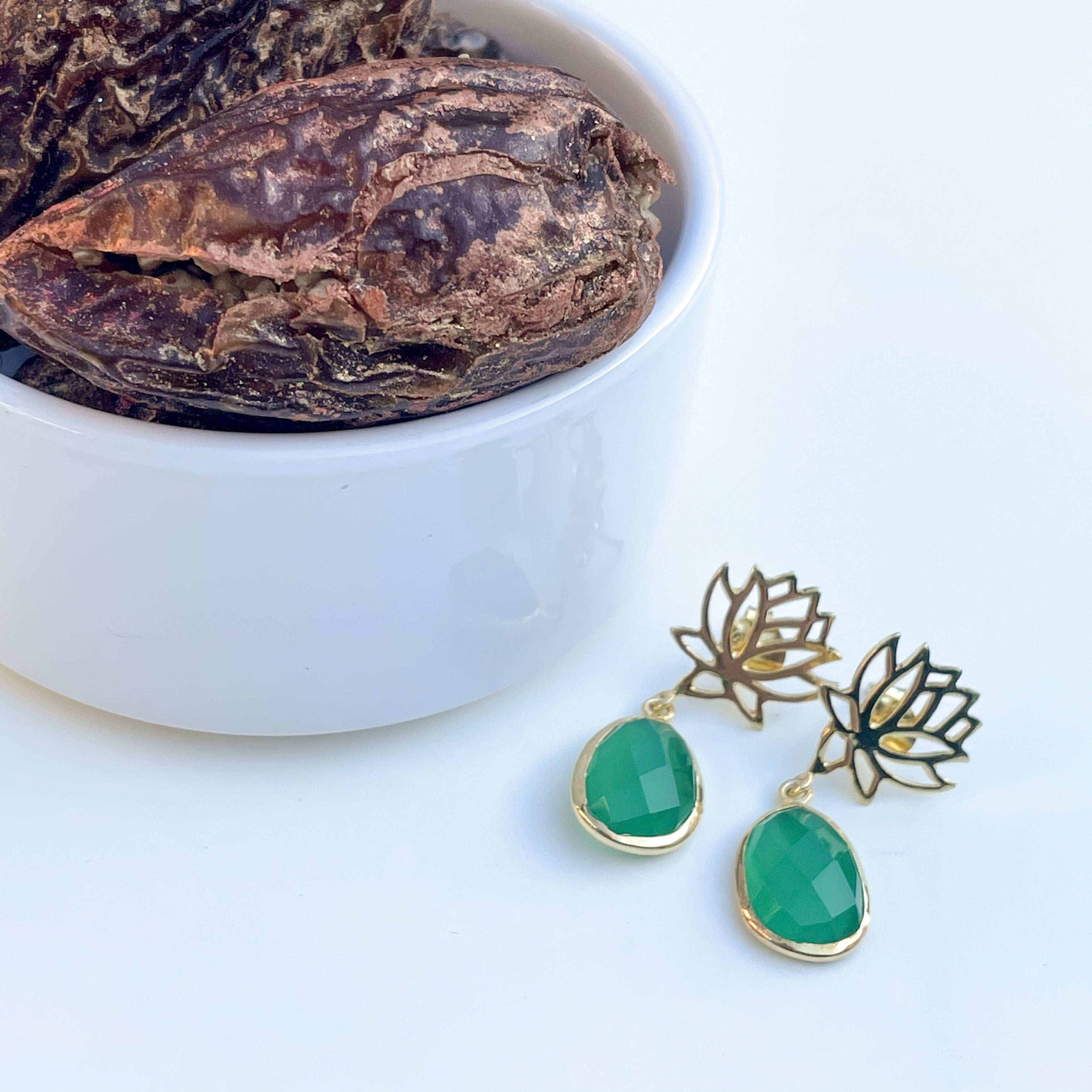 Green Onyx Lotus Earrings in Gold Plated Sterling Silver with a box of 4 Stuffed Medjool Dates