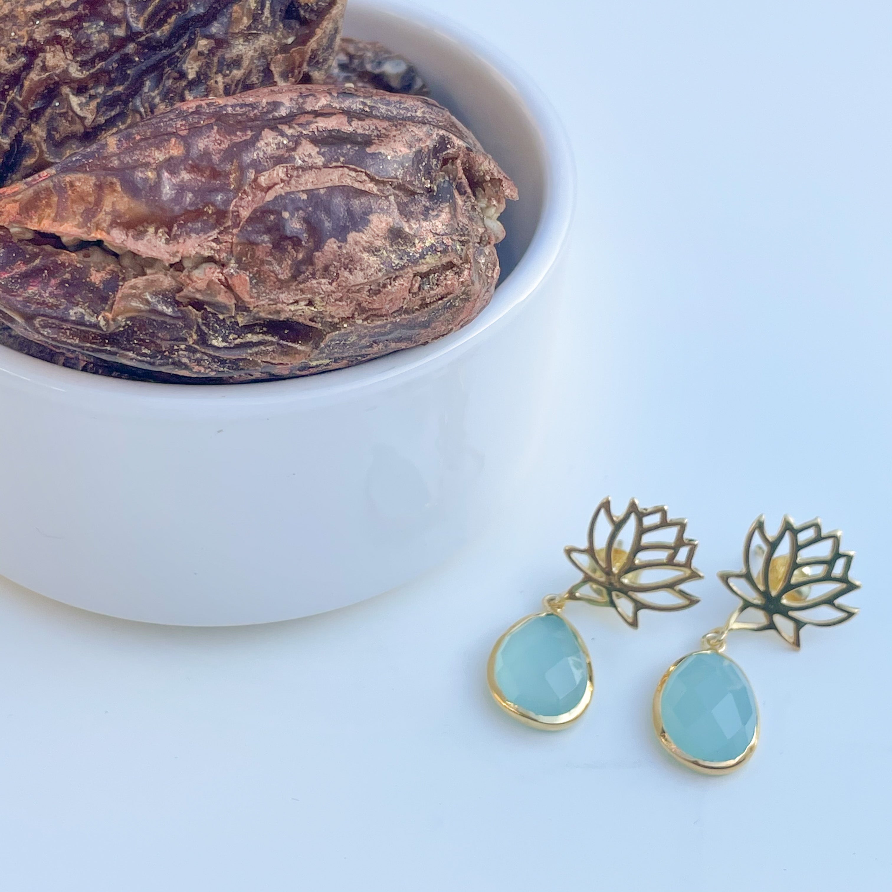 Aqua Chalcedony Lotus Earrings in Gold Plated Sterling Silver with a box of 4 Stuffed Medjool Dates