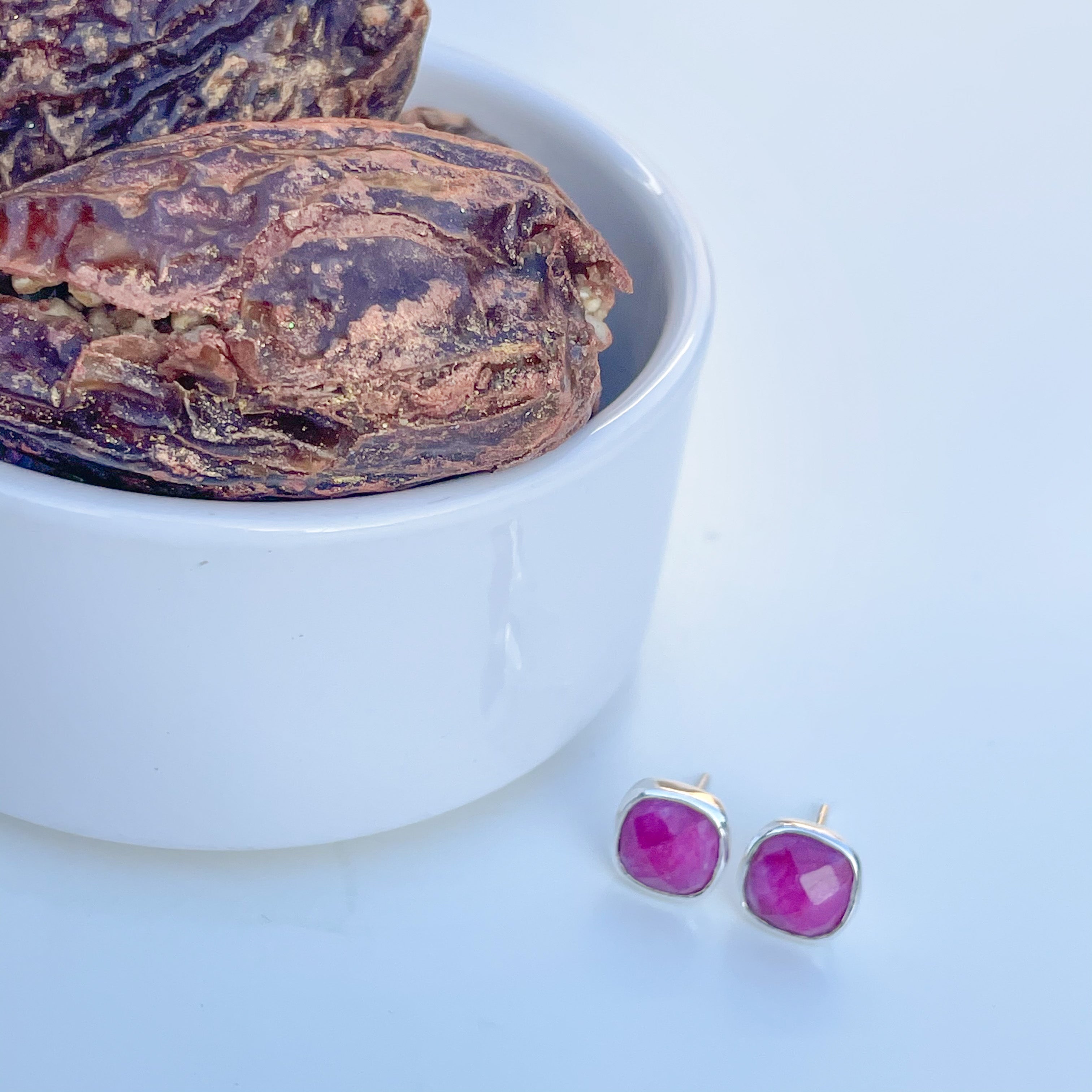 Ruby Quartz Studs in Sterling Silver with a box of 4 Stuffed Medjool Dates