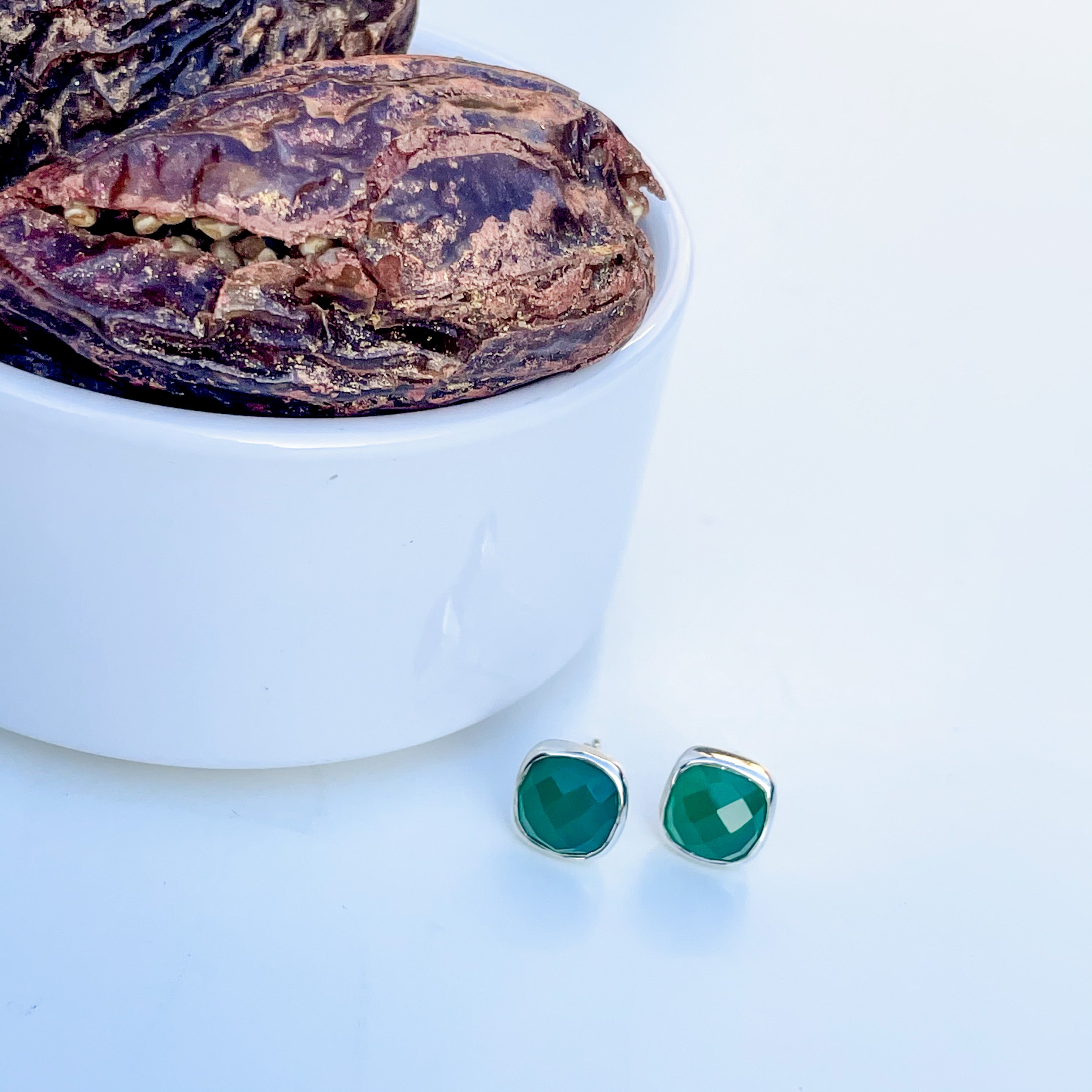 Green Onyx Studs in Sterling Silver with a box of 4 Stuffed Medjool Dates
