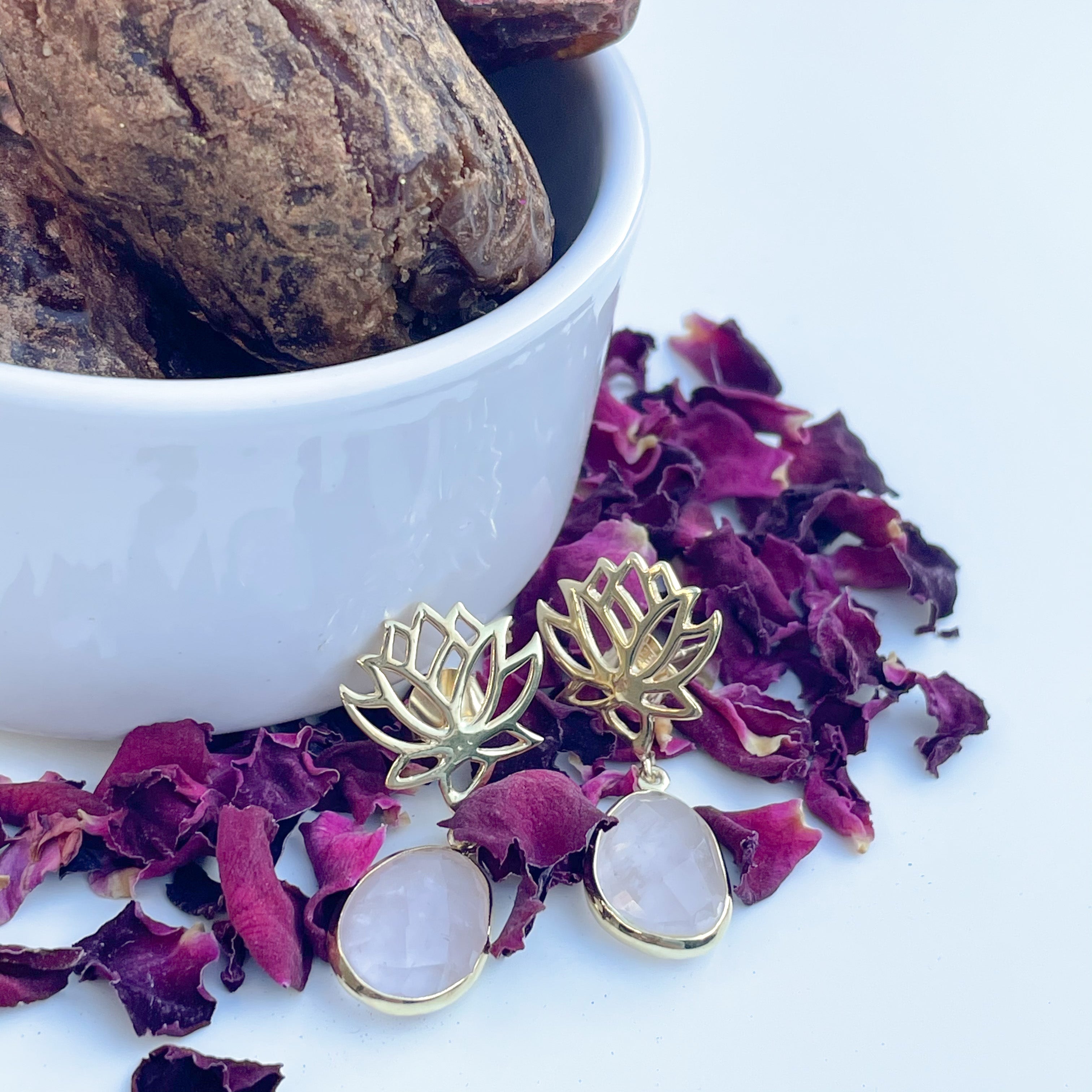 Rose Quartz Lotus Earrings in Gold Plated Sterling Silver with a box of 4 Stuffed Medjool Dates