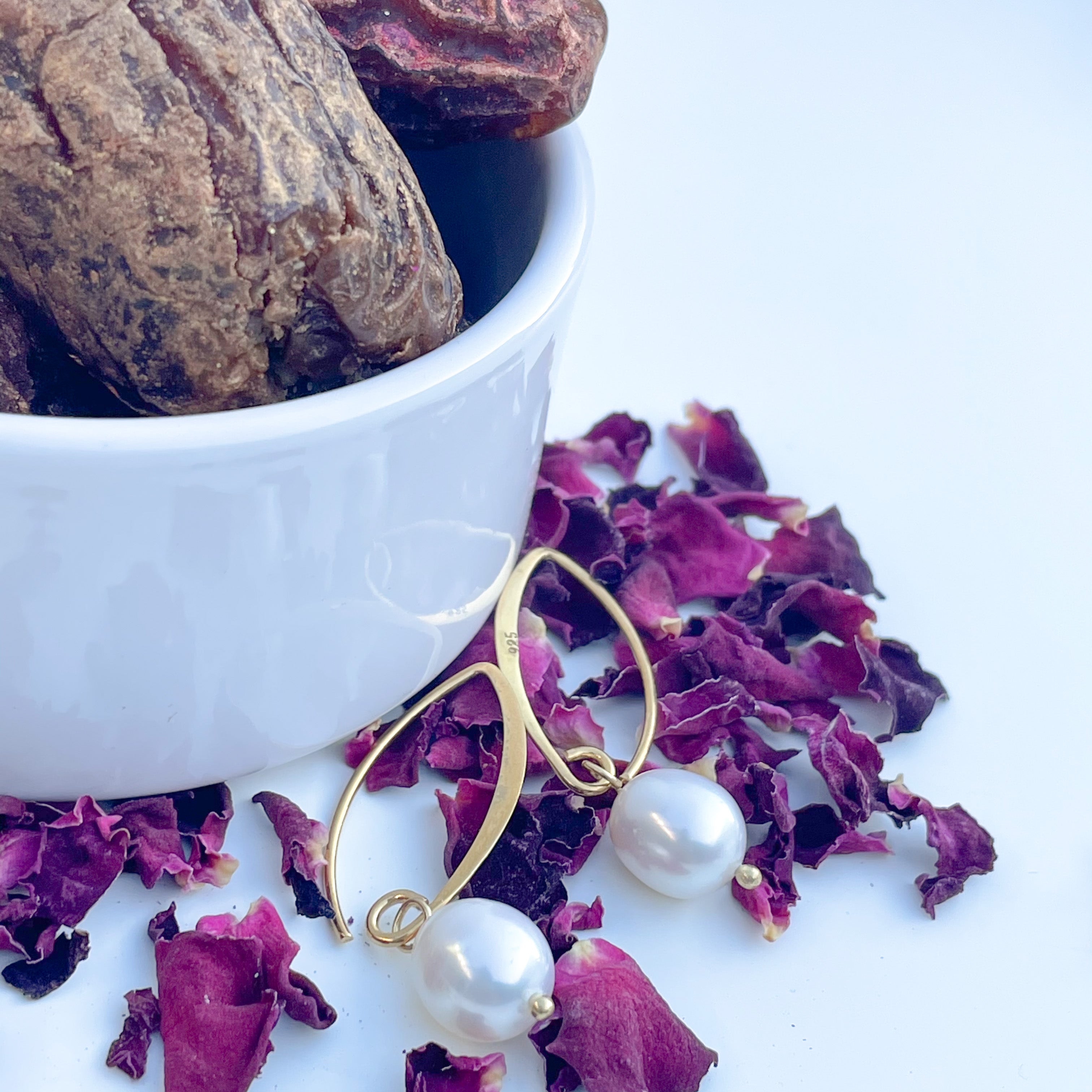Pearl Drop Earrings in Gold Plated Sterling Silver with a box of 4 Stuffed Medjool Dates