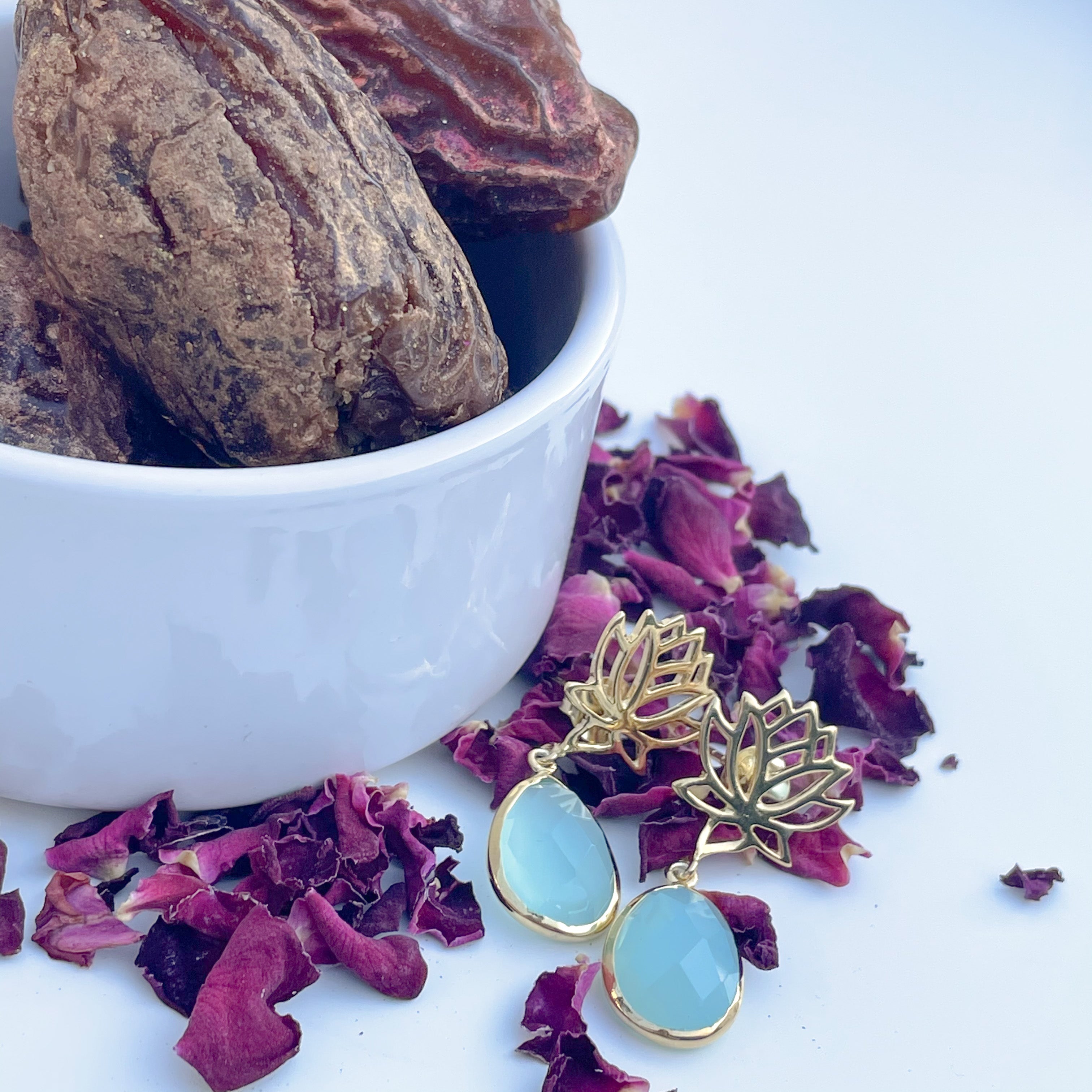 Aqua Chalcedony Lotus Earrings in Gold Plated Sterling Silver with a box of 4 Stuffed Medjool Dates