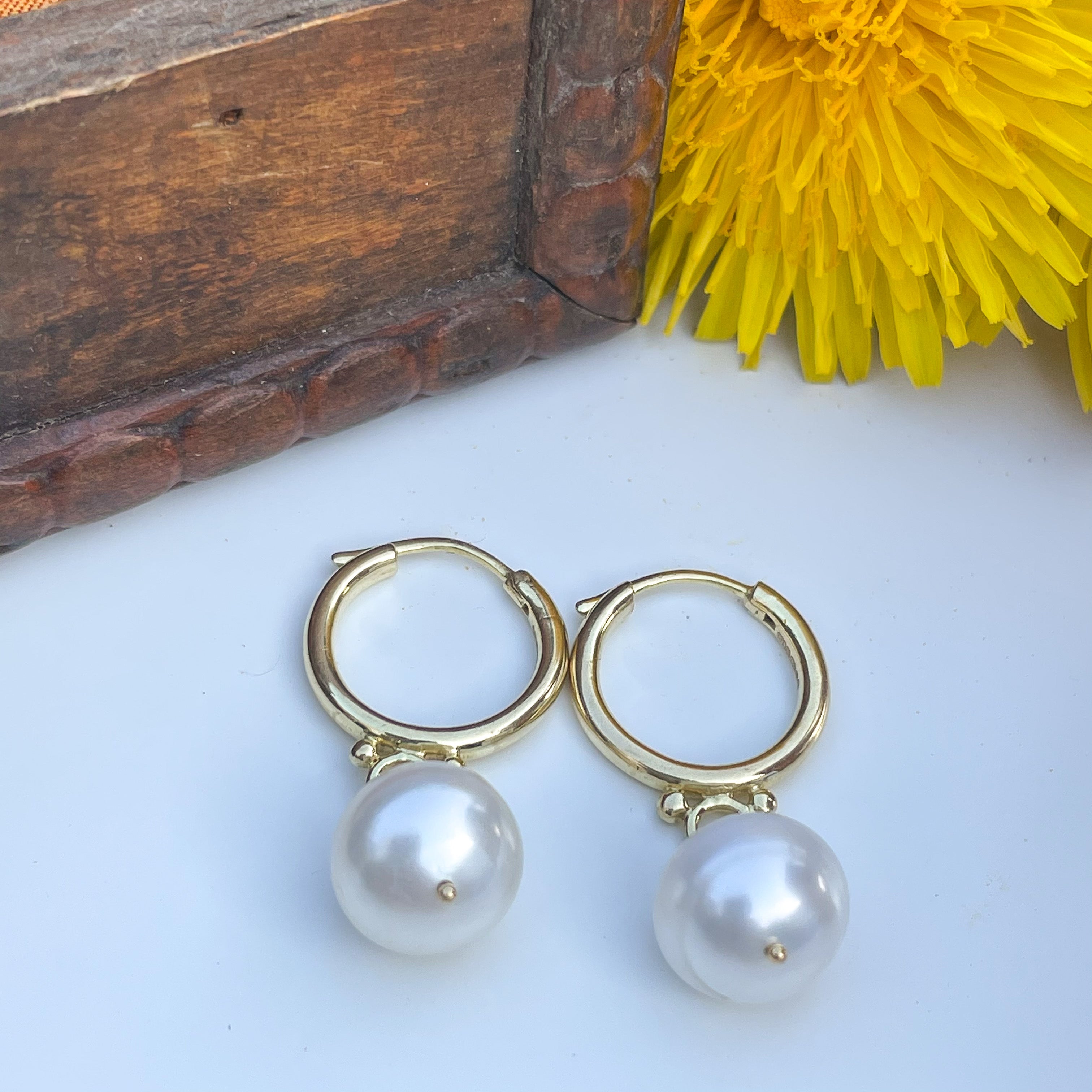 18k Yellow Gold Hoop Pearl Drop Earrings