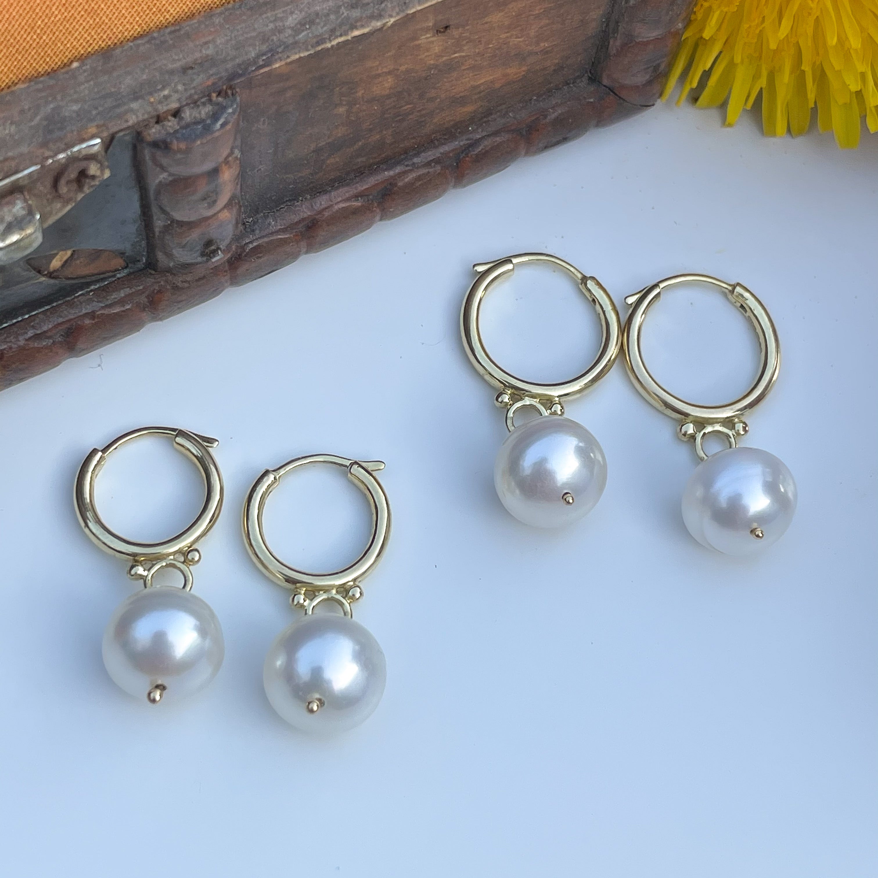 18k Yellow Gold Hoop Pearl Drop Earrings
