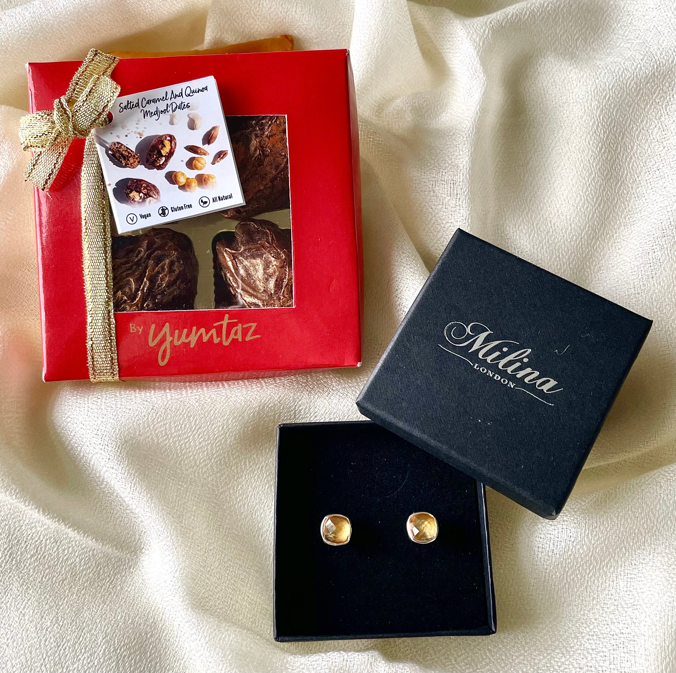 Citrine Studs in Sterling Silver with a box of 4 Stuffed Medjool Dates