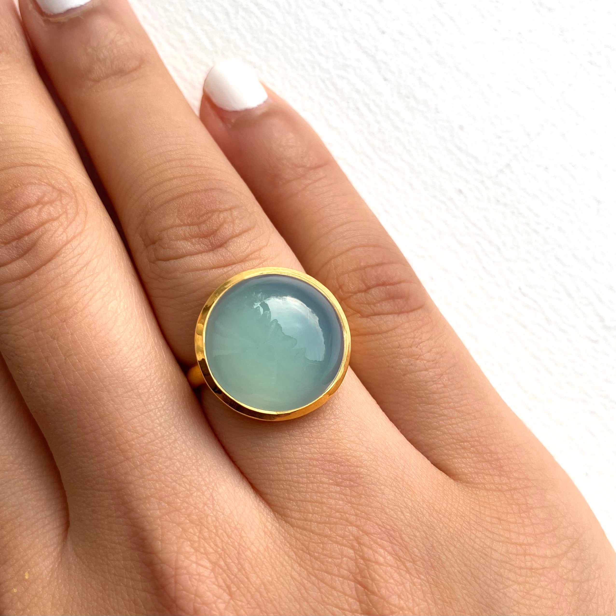 Cabochon Round Cut Natural Gemstone Gold Plated Sterling Silver Ring - Aqua Chalcedony