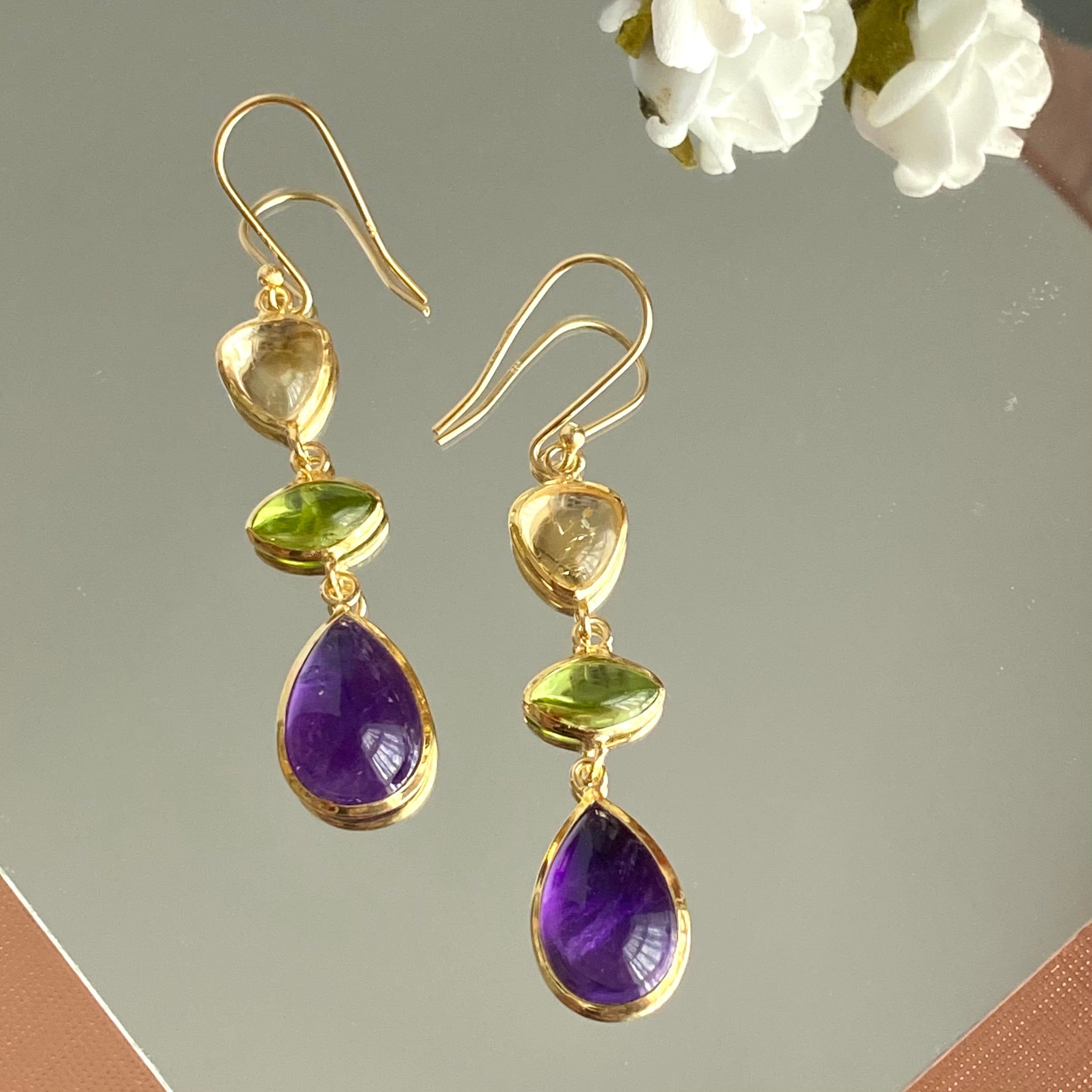 Long Hook Earrings with 3 Cabochon Cut Gemstones - Citrine, Peridot & Amethyst