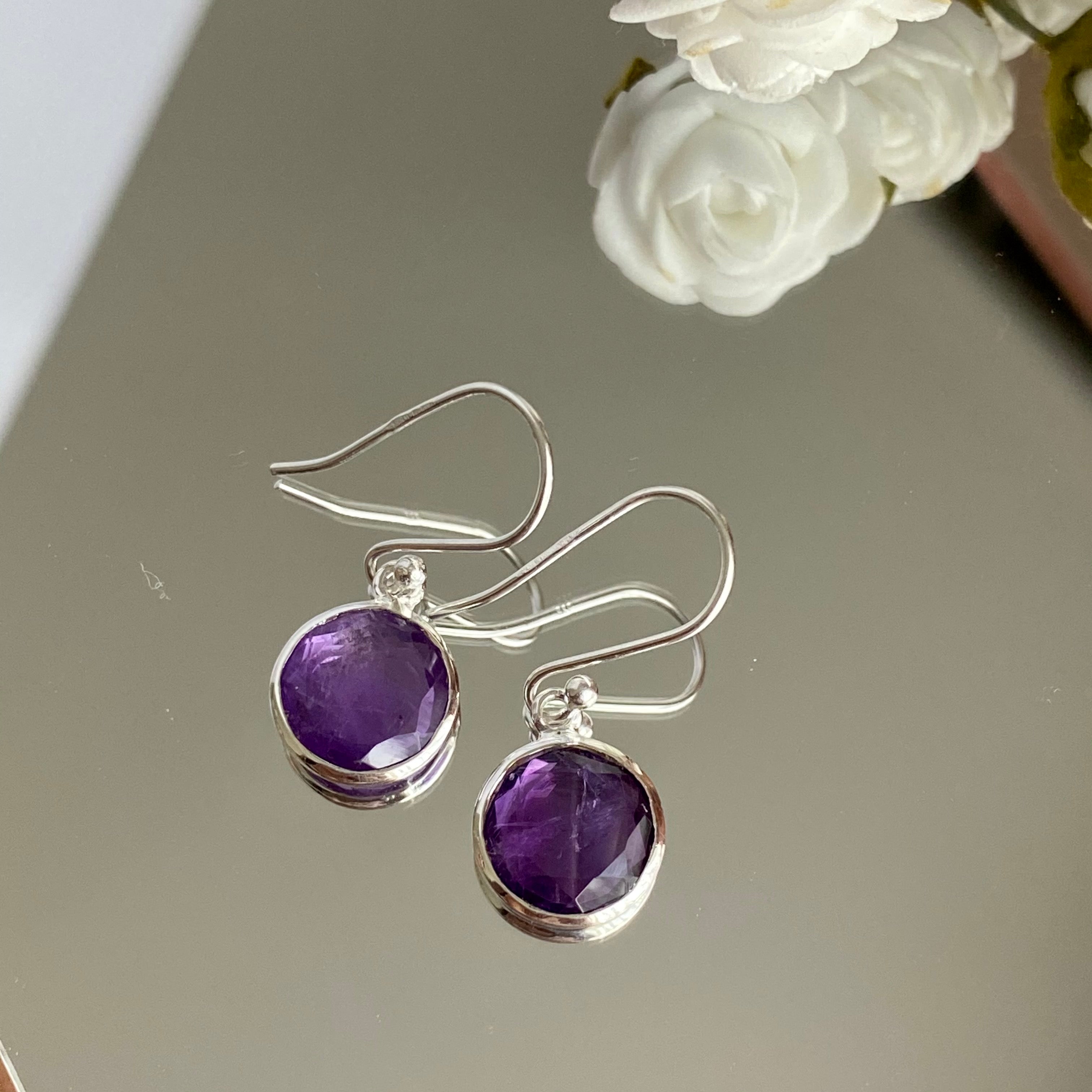 Amethyst Sterling Silver Earrings with a Round Faceted Gemstone Drop