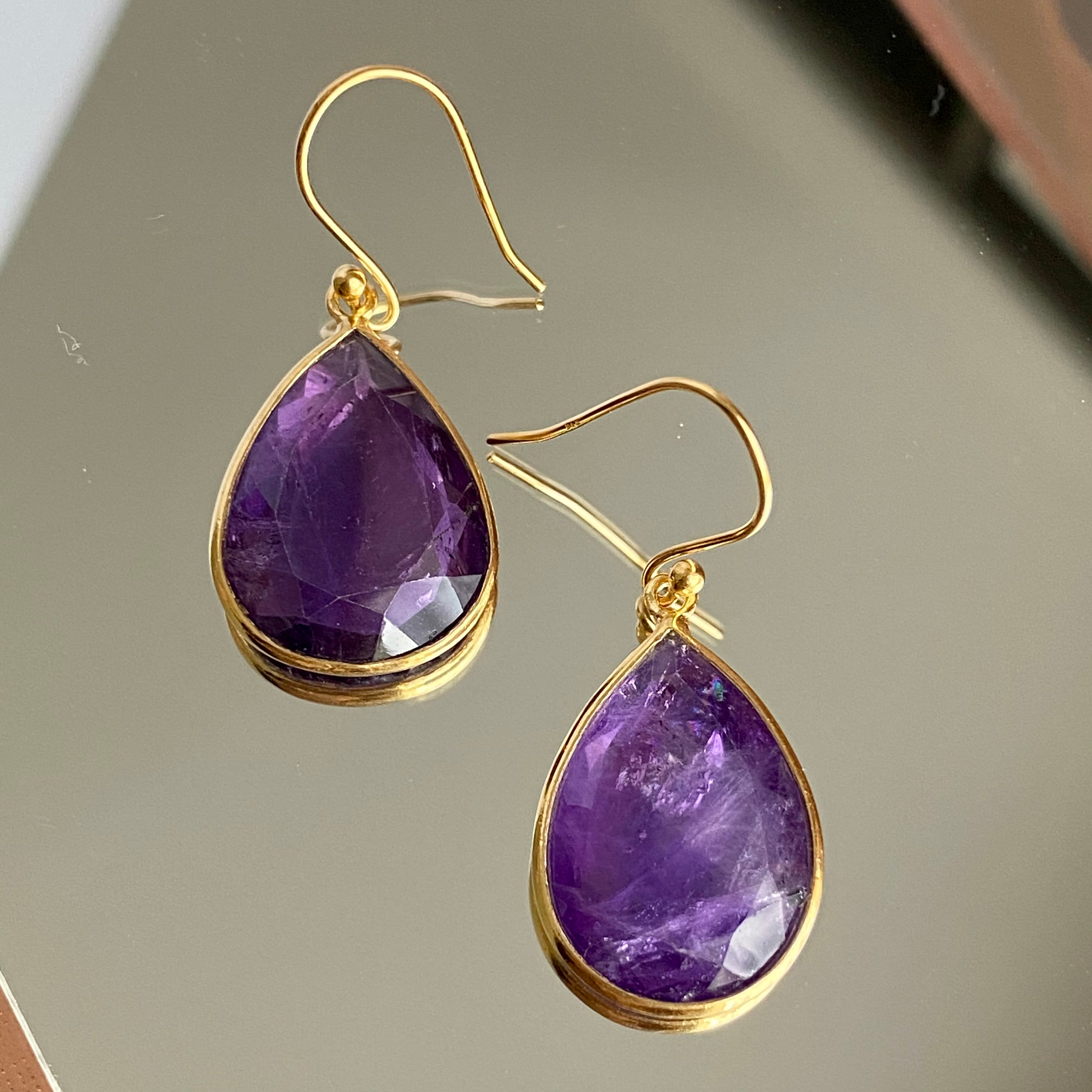 Amethyst Gold Plated Sterling Silver Earrings with a Tear Drop Shaped Gemstone