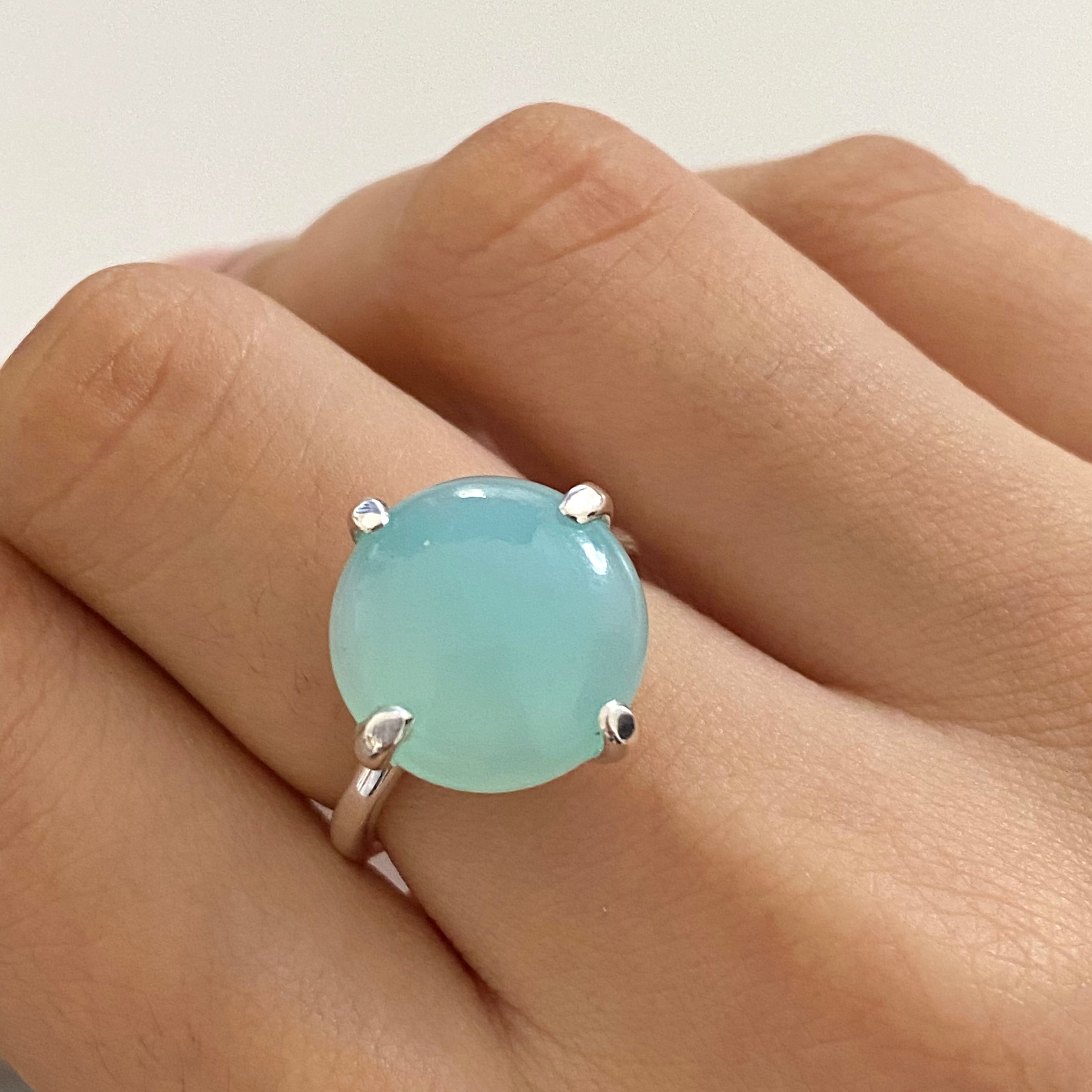 Round Cabochon Aqua Chalcedony Ring in Sterling Silver