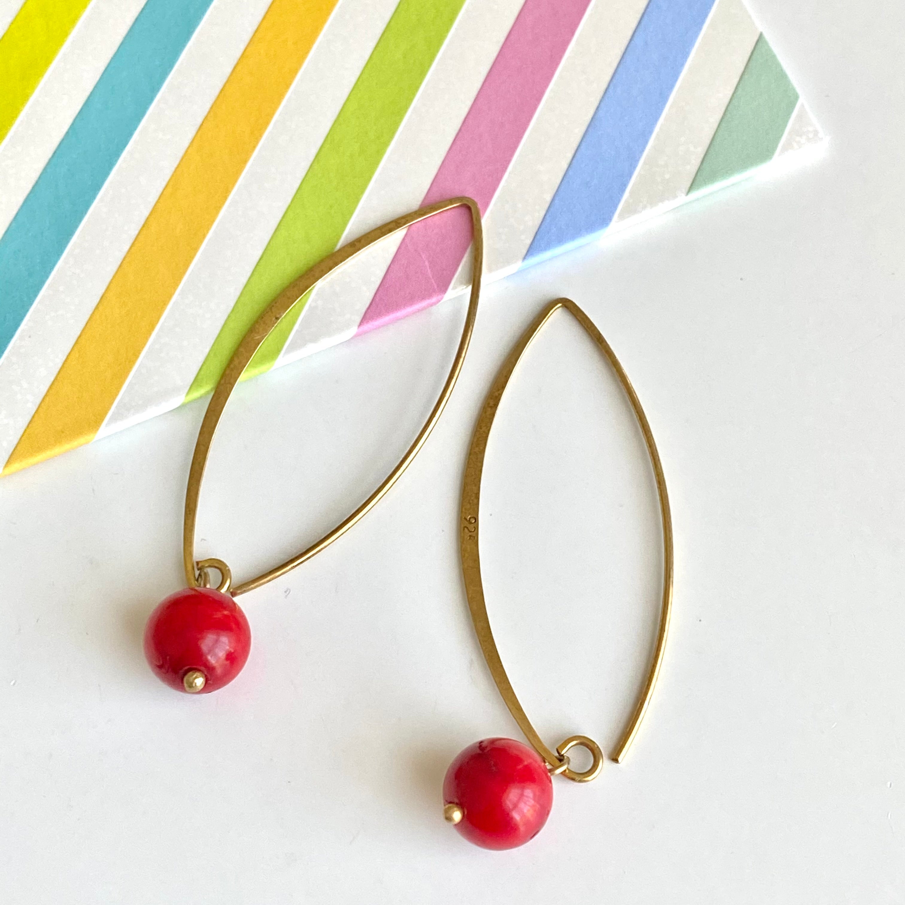 Gold Plated Long Sterling Silver Threader Earrings with a Coral Drop