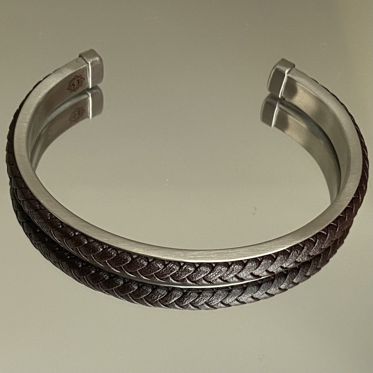 Men's Cuff with Braided Pure Brown Leather on Brushed Stainless Steel