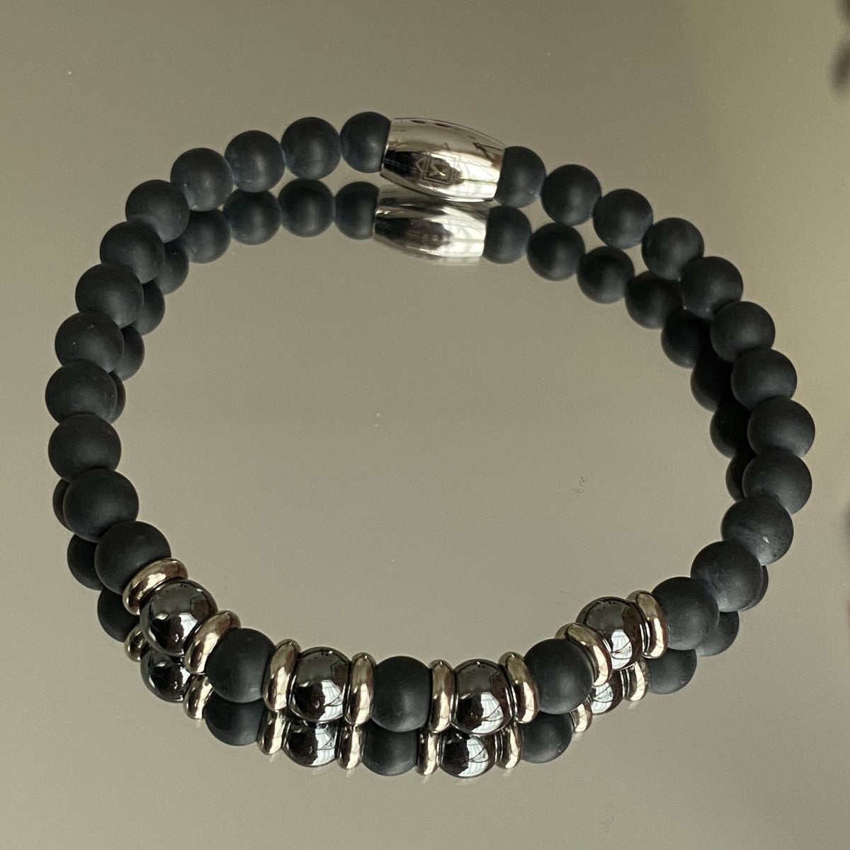 Matte Black Onyx and Haematite Bead Bracelet with Stainless Steel Spacers