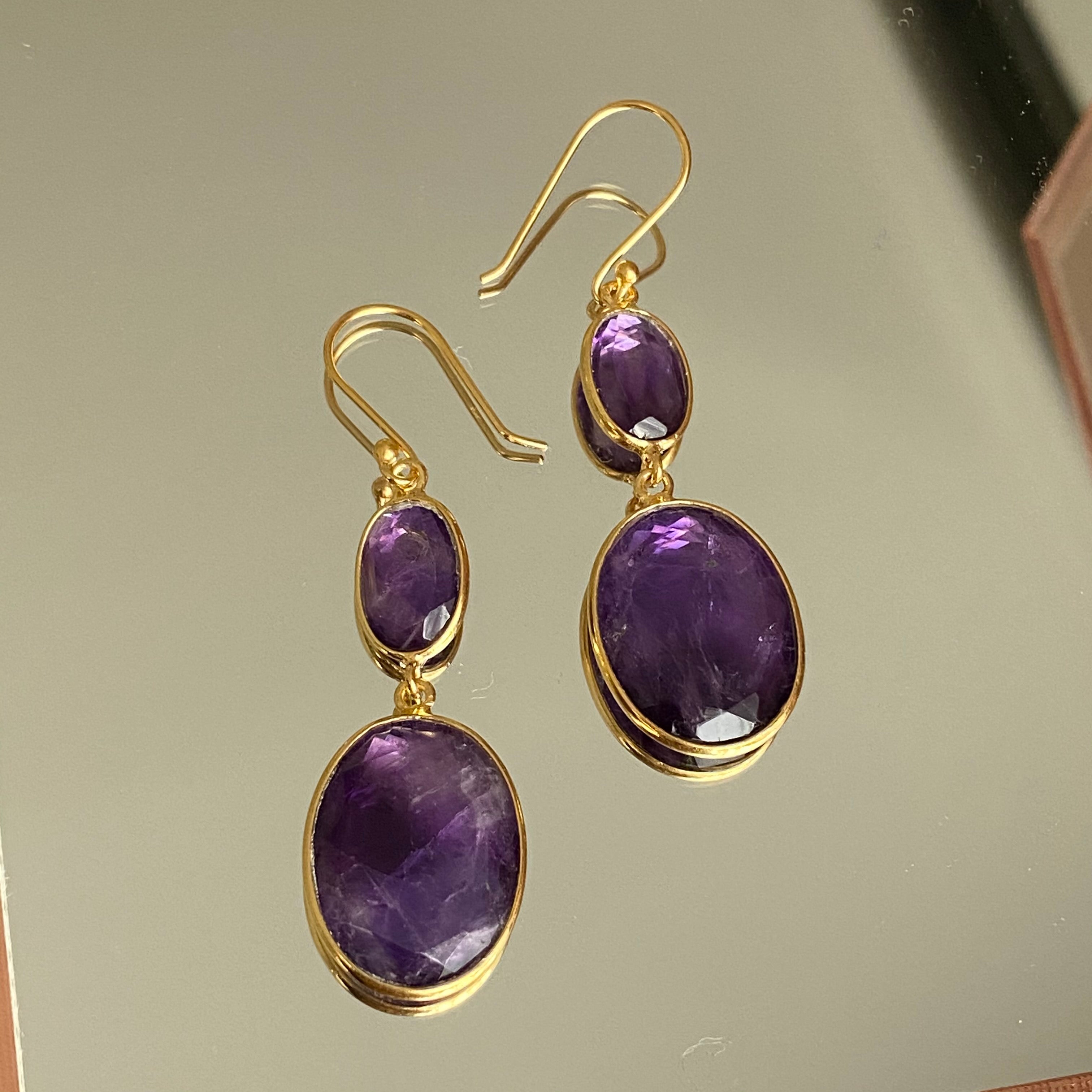 Gold Plated Sterling Silver Natural Gemstone Long Earrings - Amethyst