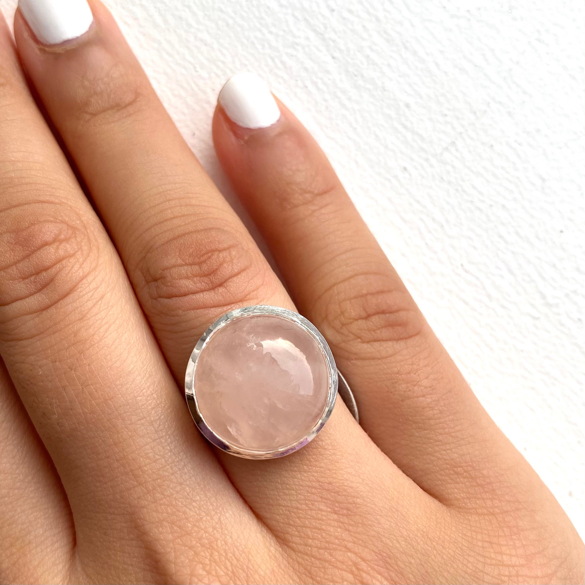 Cabochon Round Cut Natural Gemstone Sterling Silver Ring - Rose Quartz