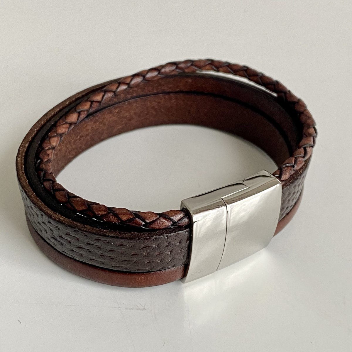 Brown Nappa Leather Men's Bracelet with a Magnetic Stainless Steel Clasp