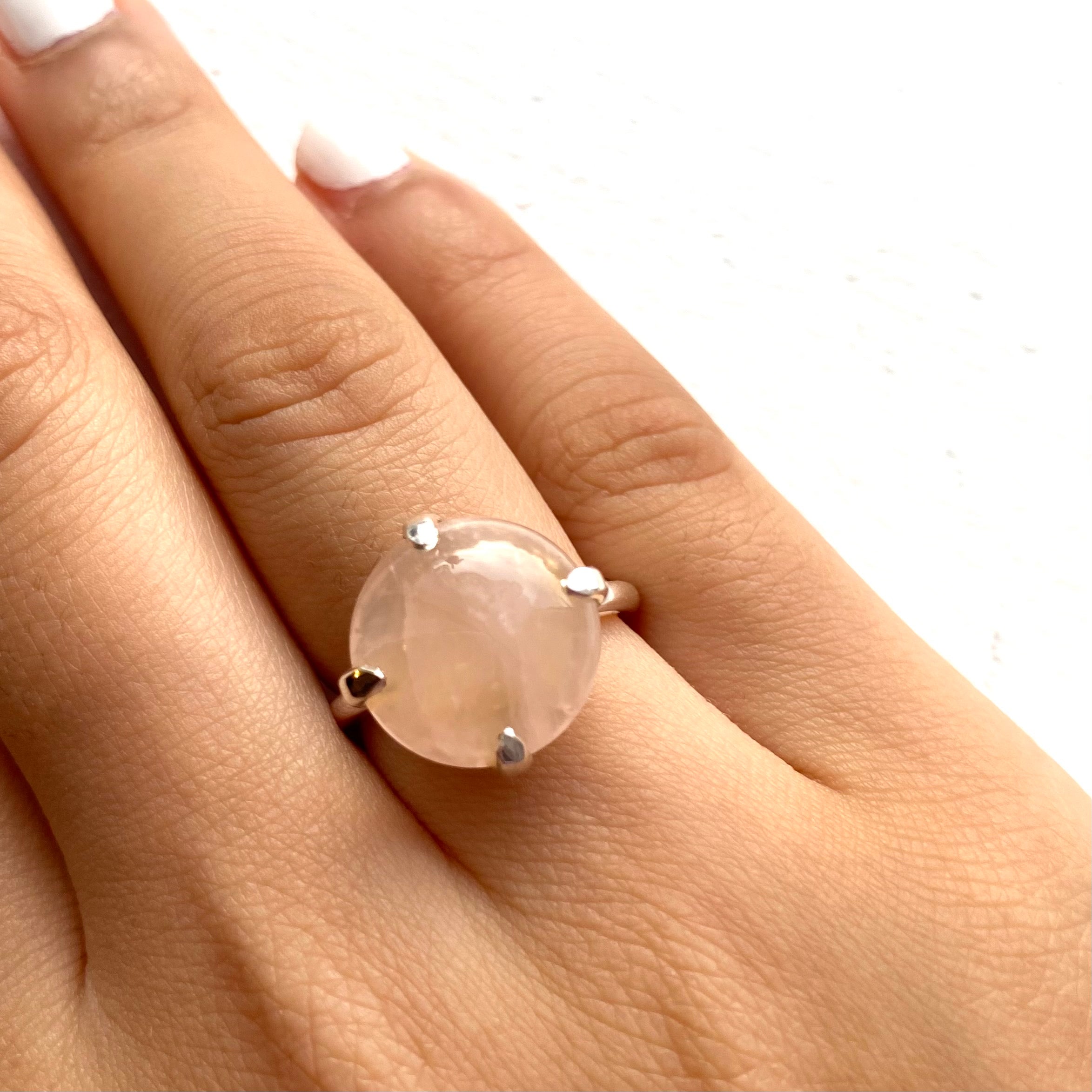 Round Cabochon Rose Quartz Ring in Sterling Silver