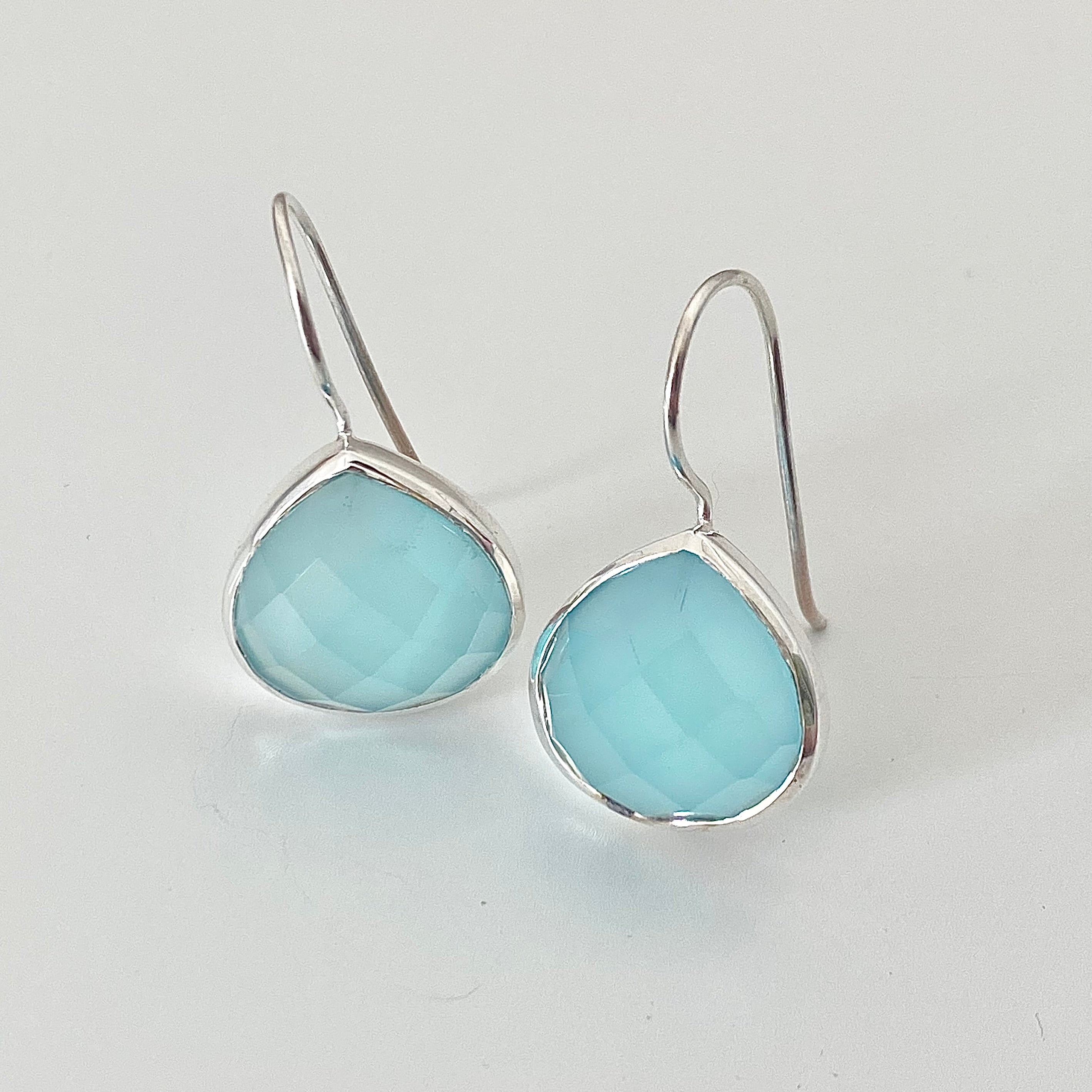 Aqua Chalcedony Gemstone Sterling Silver Teardrop Earrings