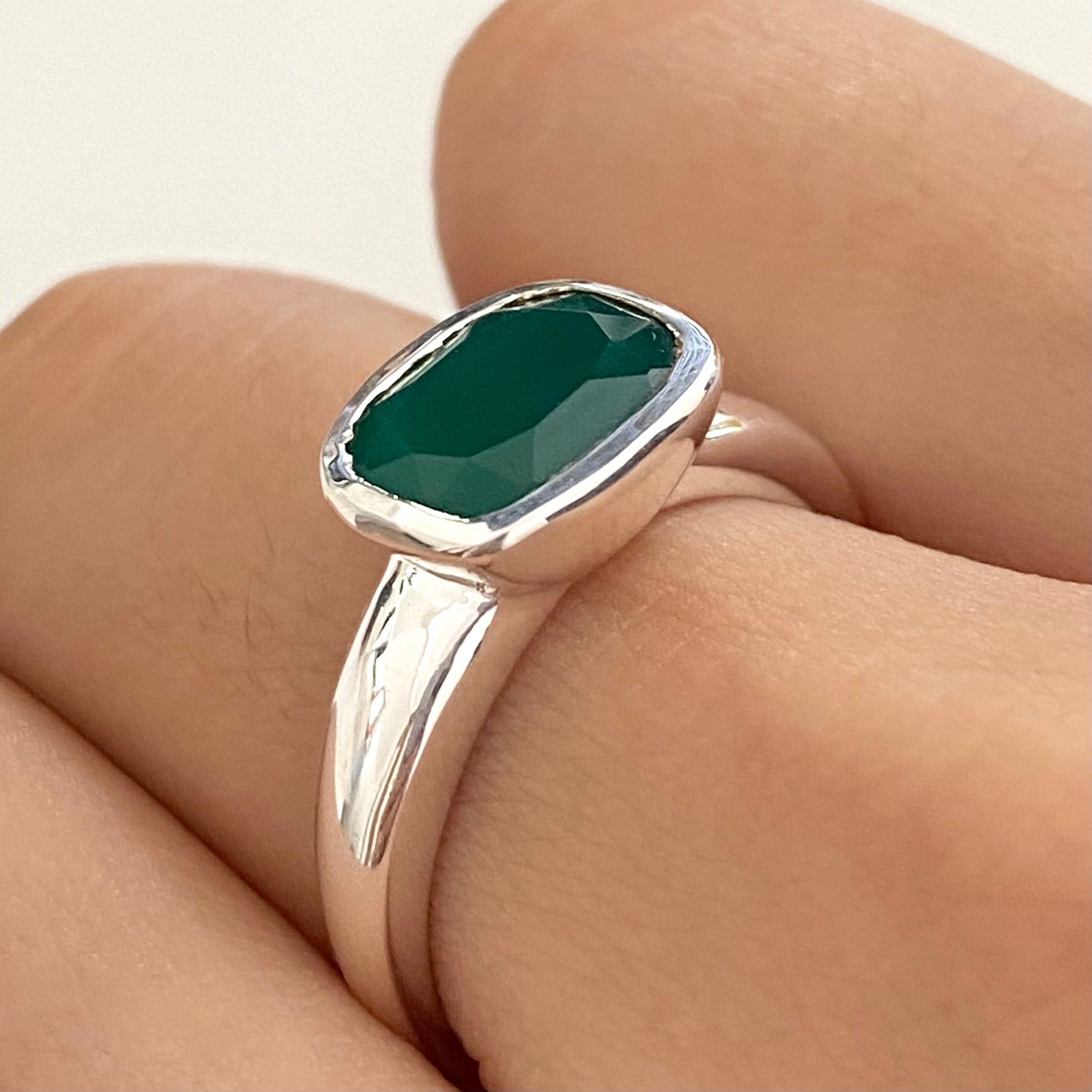 Faceted Rectangular Cut Natural Gemstone Sterling Silver Ring - Green Onyx