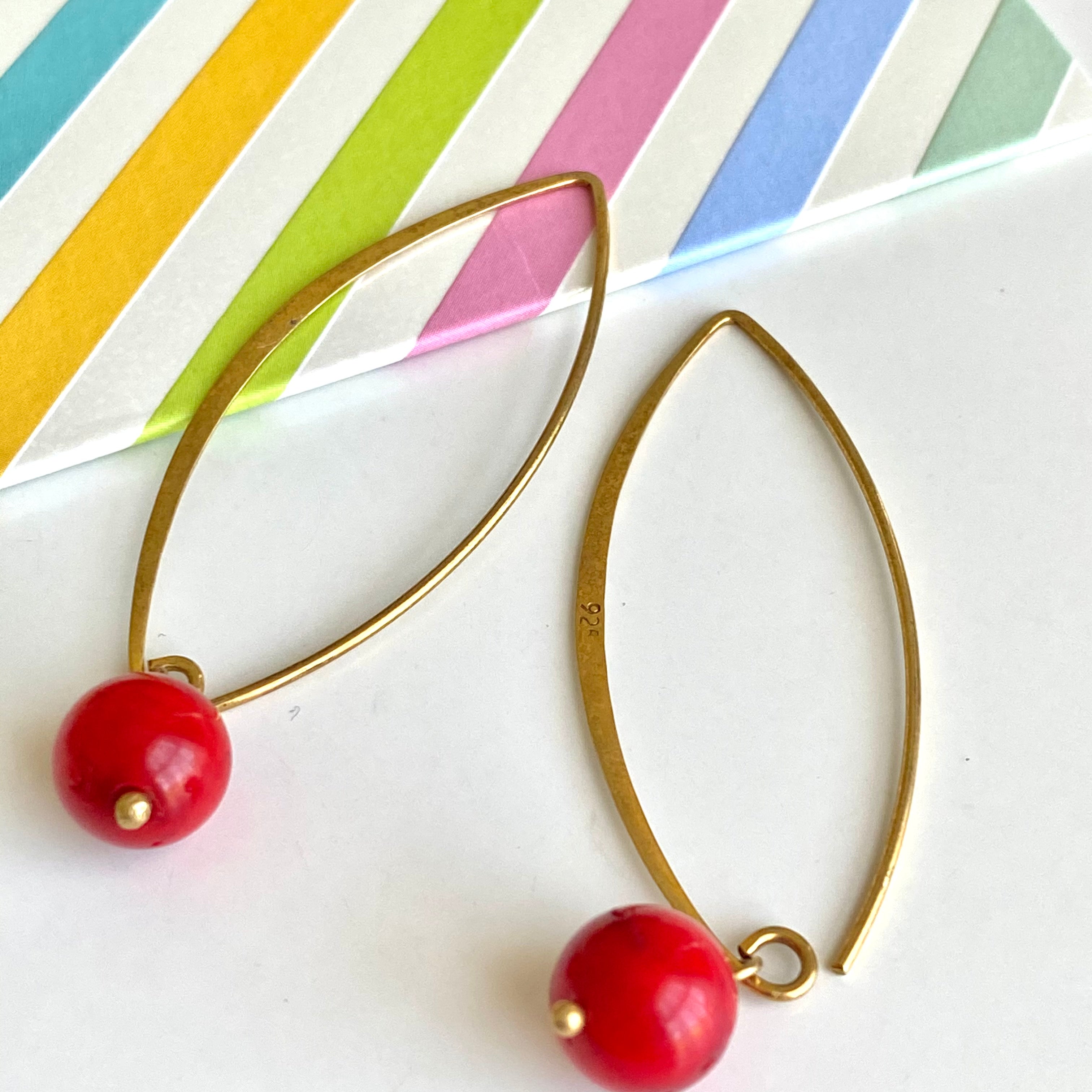 Gold Plated Long Sterling Silver Threader Earrings with a Coral Drop