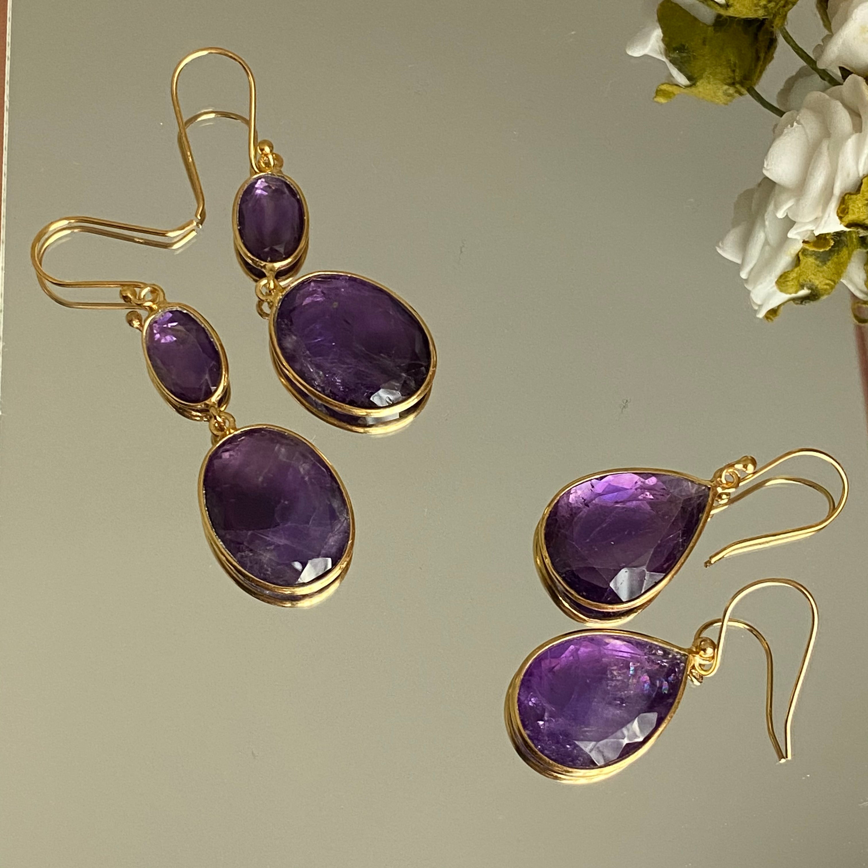 Gold Plated Sterling Silver Natural Gemstone Long Earrings - Amethyst