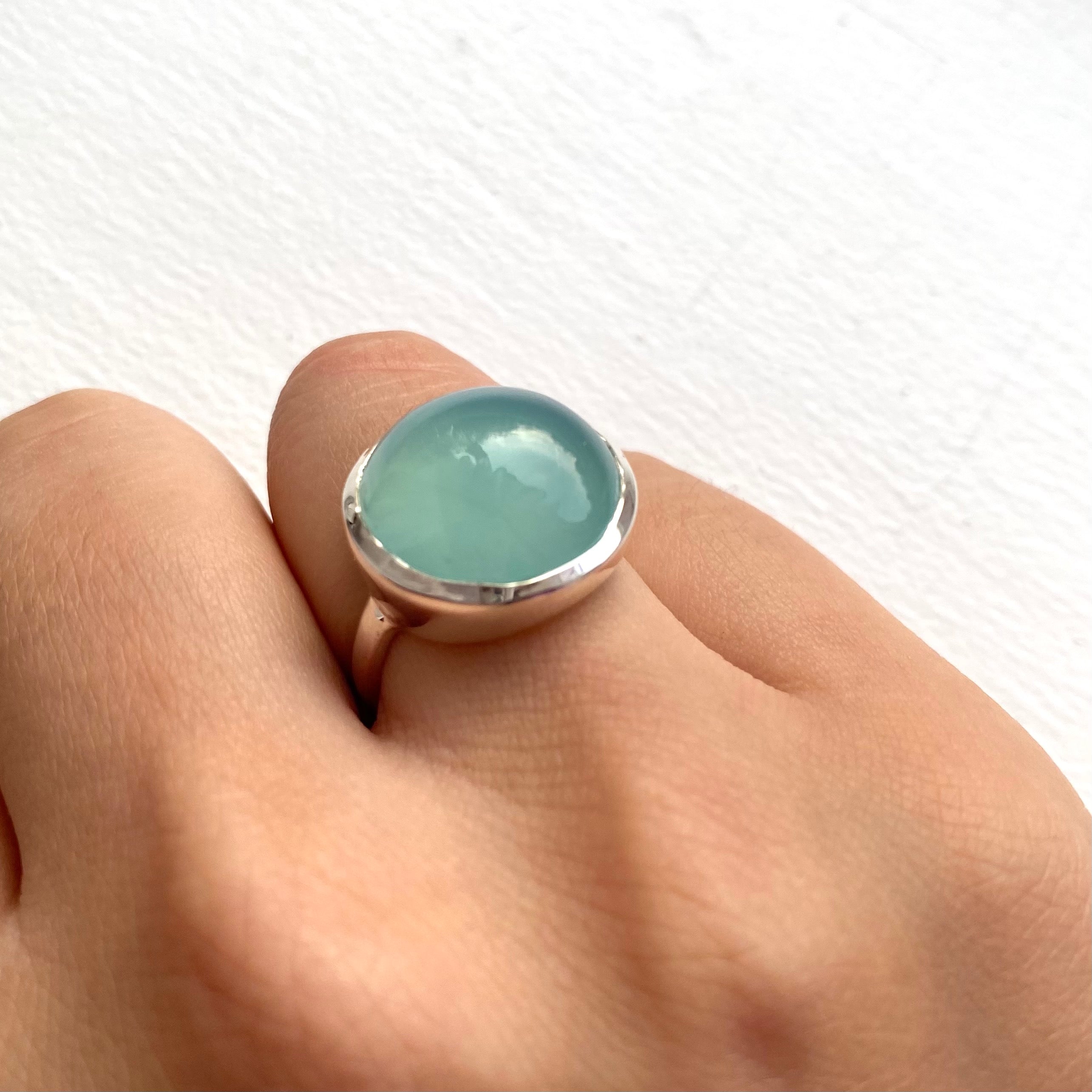 Cabochon Round Cut Natural Gemstone Sterling Silver Ring - Aqua Chalcedony