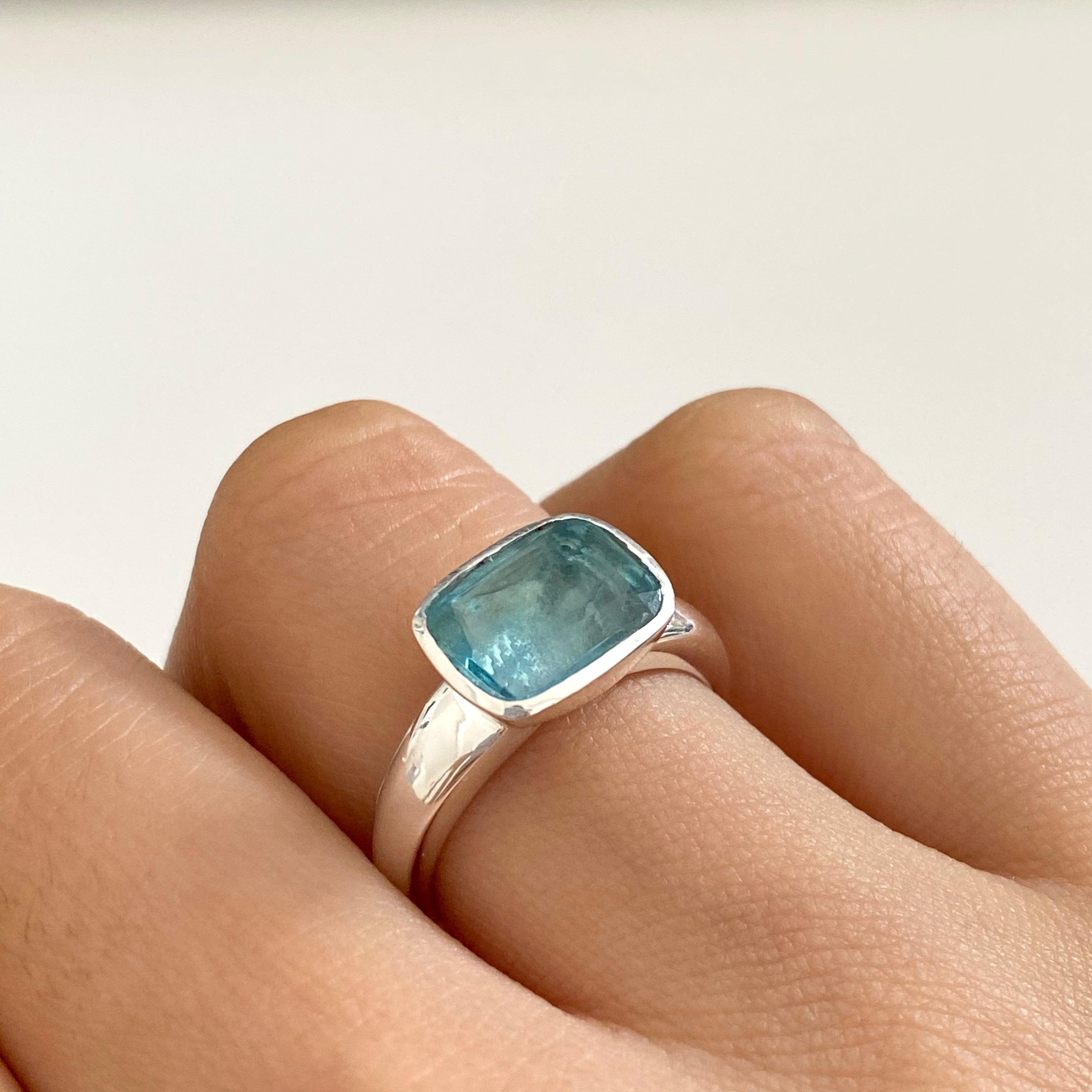 Faceted Rectangular Cut Natural Gemstone Sterling Silver Ring - Apatite