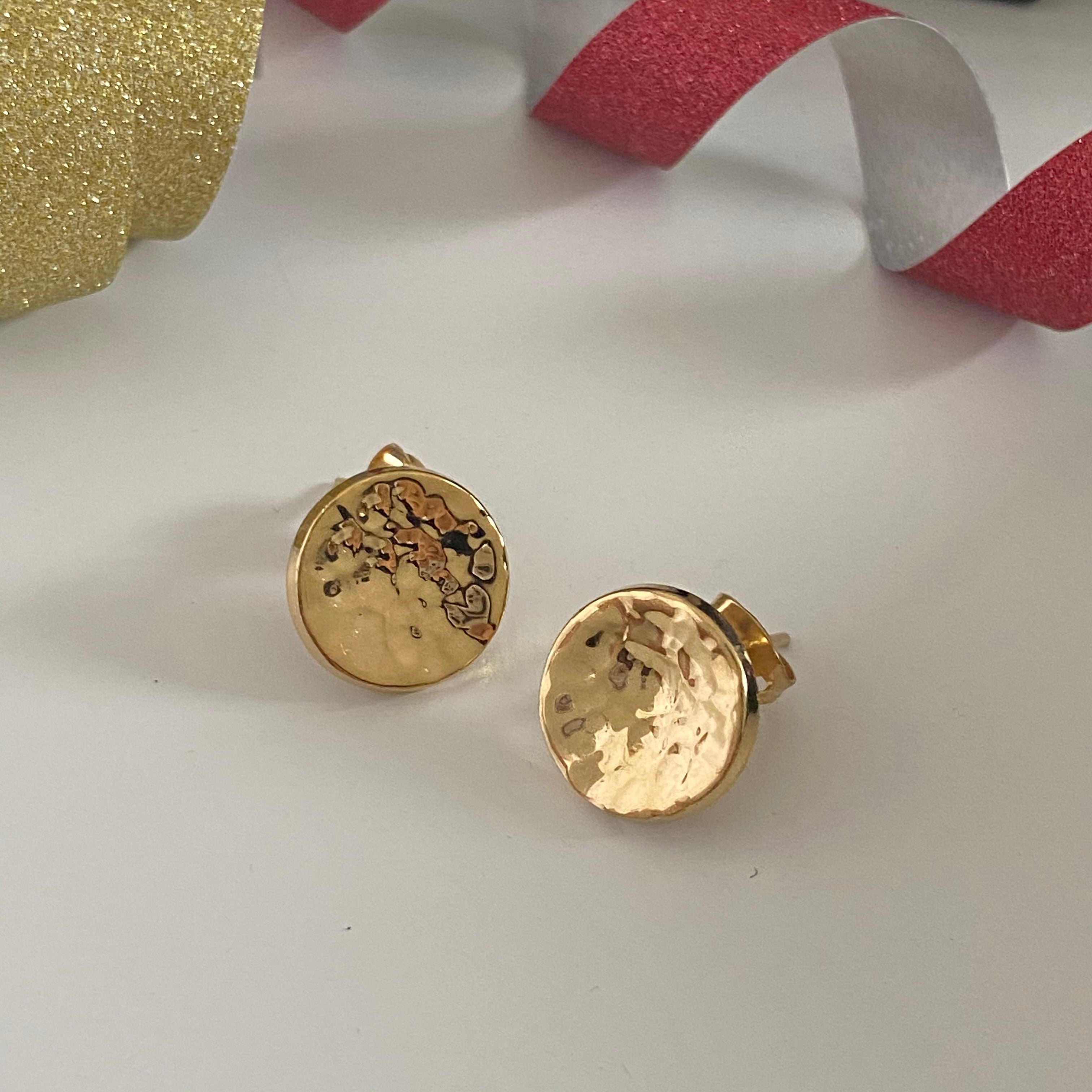 Gold Plated Sterling Silver Round Hammered Stud Earrings
