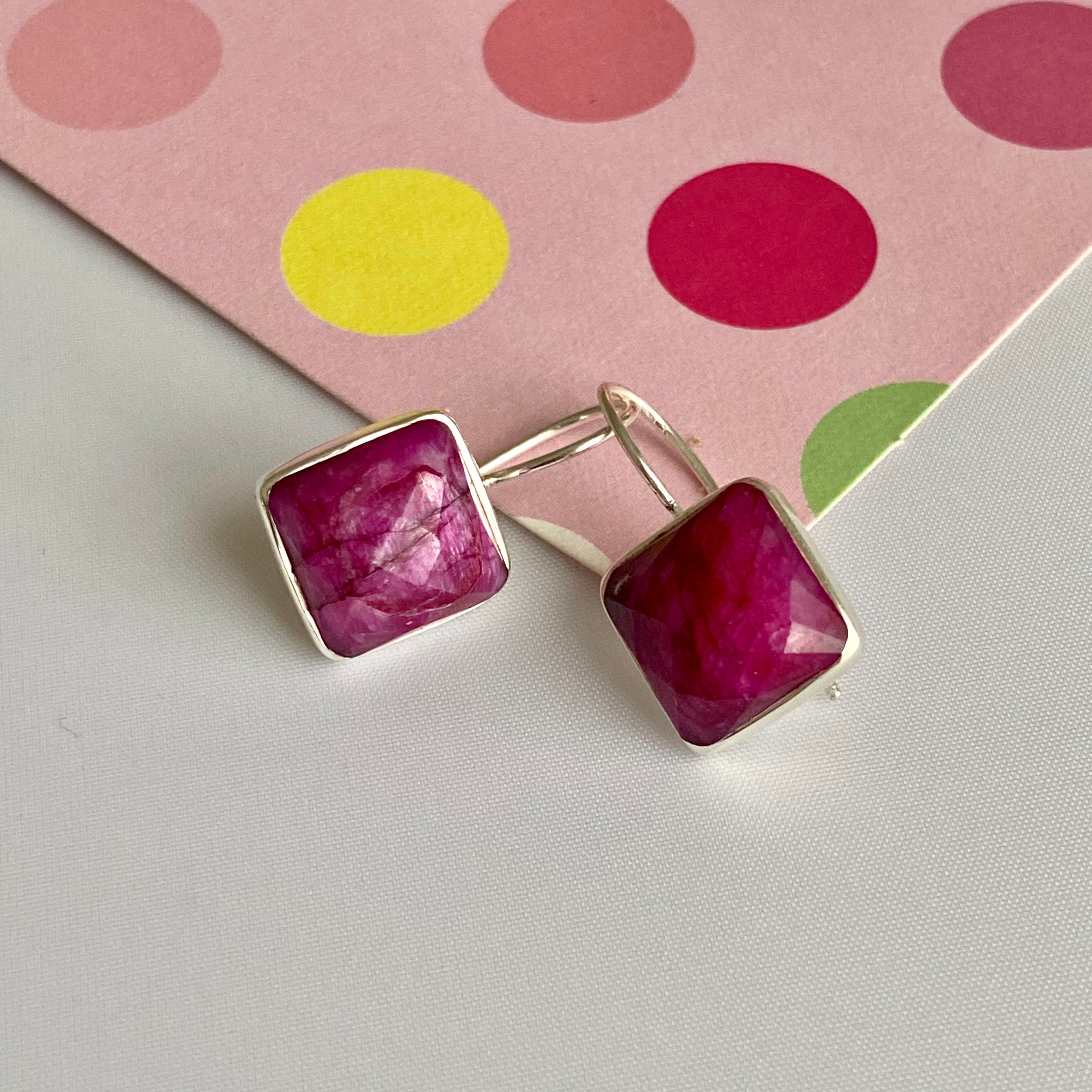 Sterling Silver Square Gemstone Earrings - Ruby Quartz