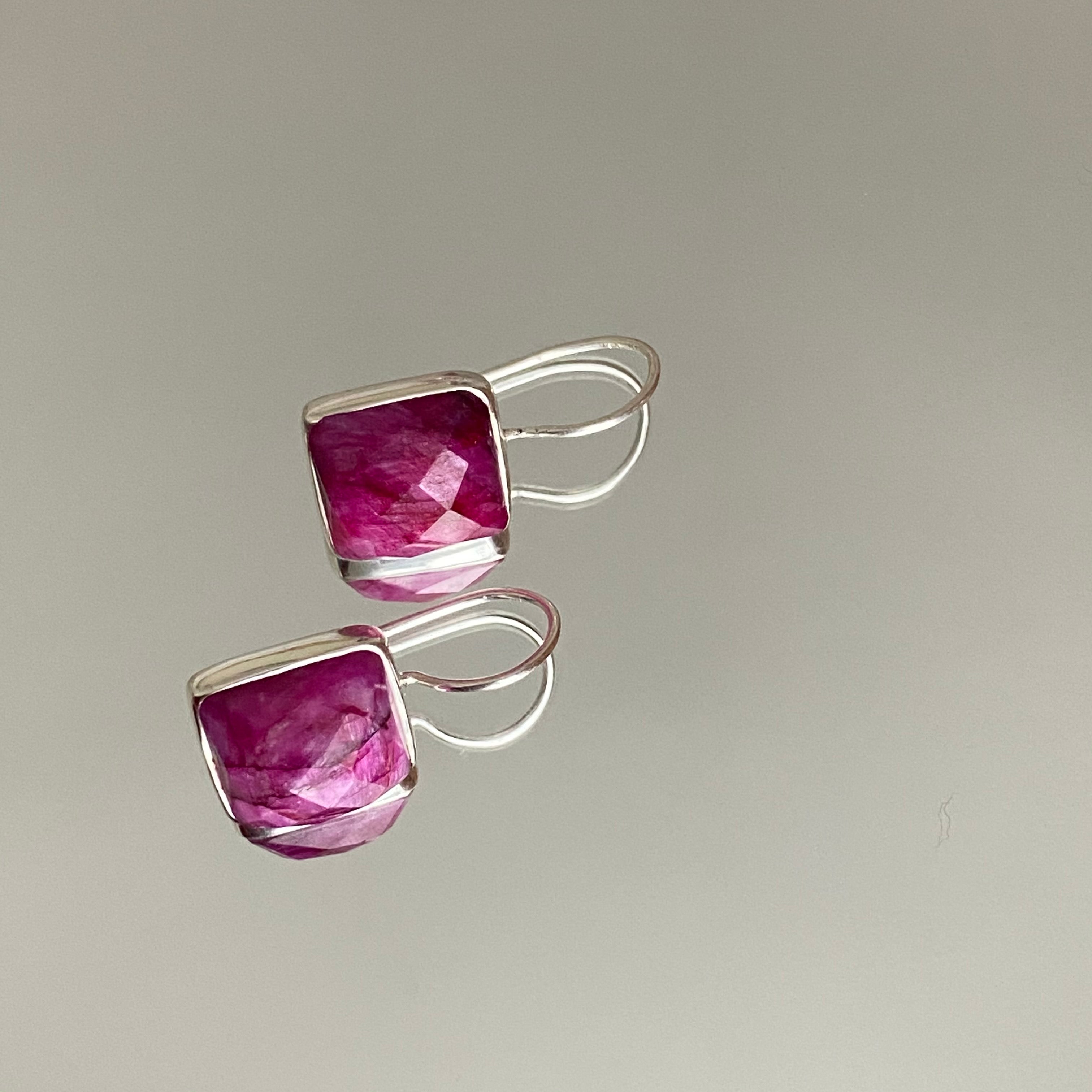 Sterling Silver Square Gemstone Earrings - Ruby Quartz