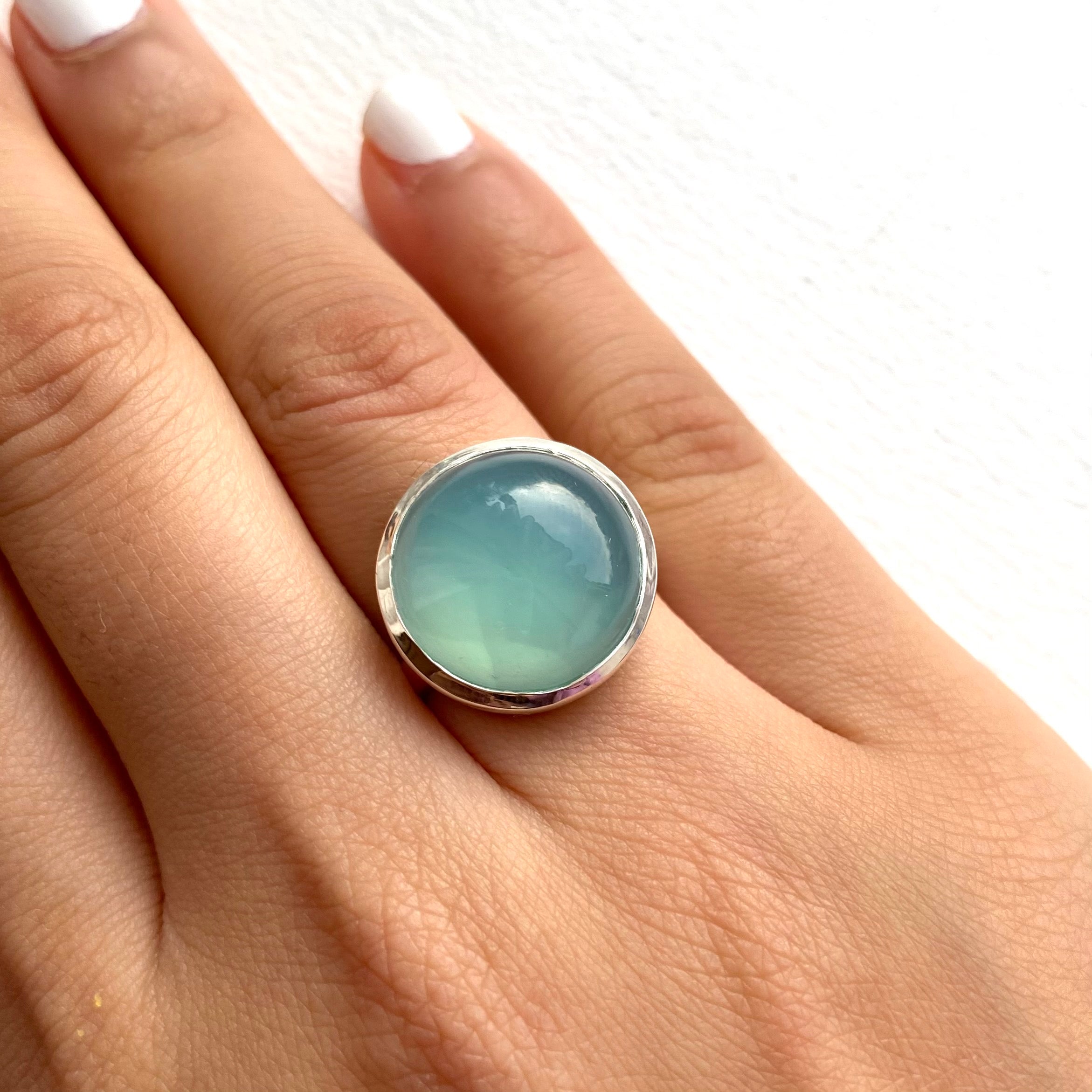 Cabochon Round Cut Natural Gemstone Sterling Silver Ring - Aqua Chalcedony