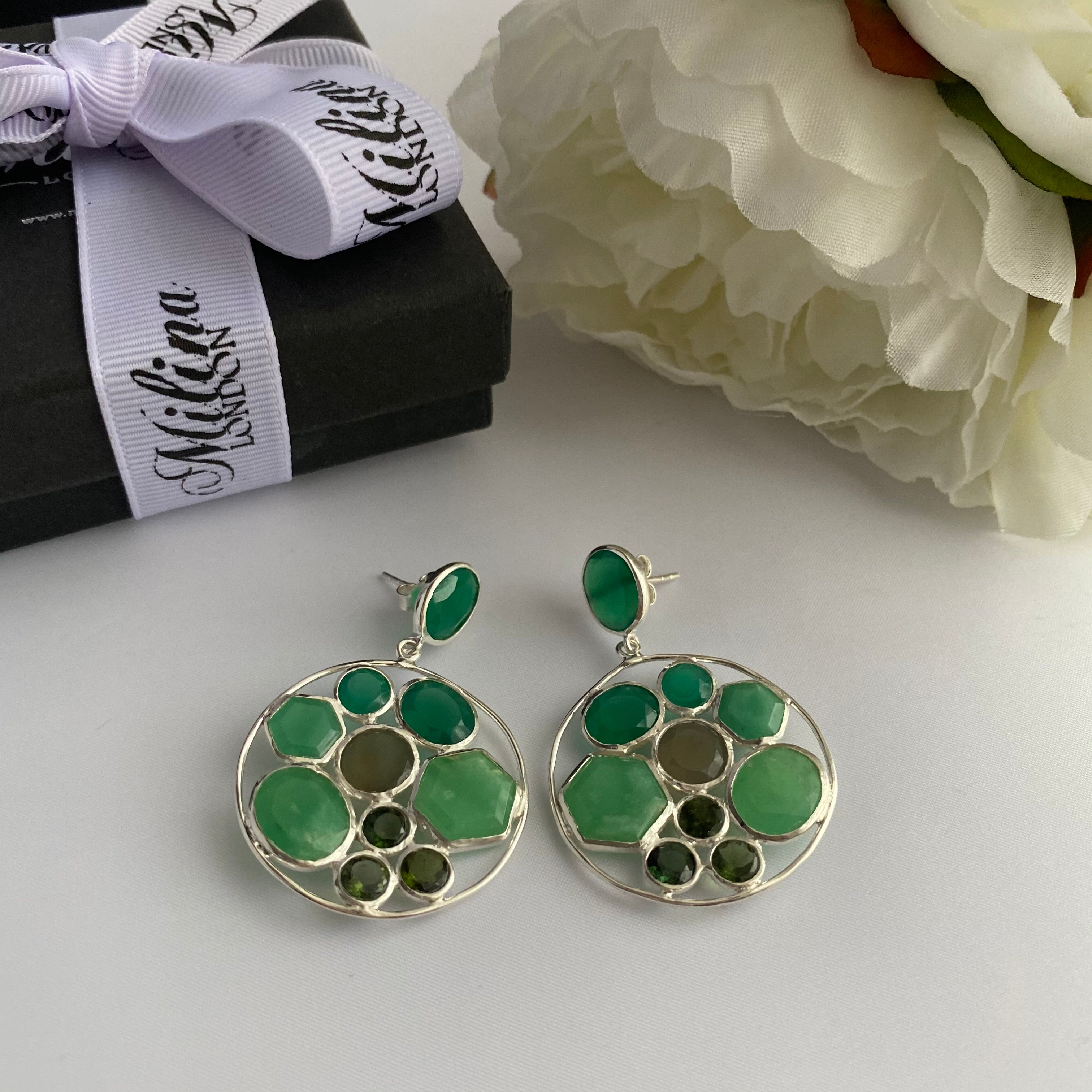 Long Gemstone Earrings with a Round Disc Drop with Stones in Sterling Silver - Green Chalcedony and Green Onyx