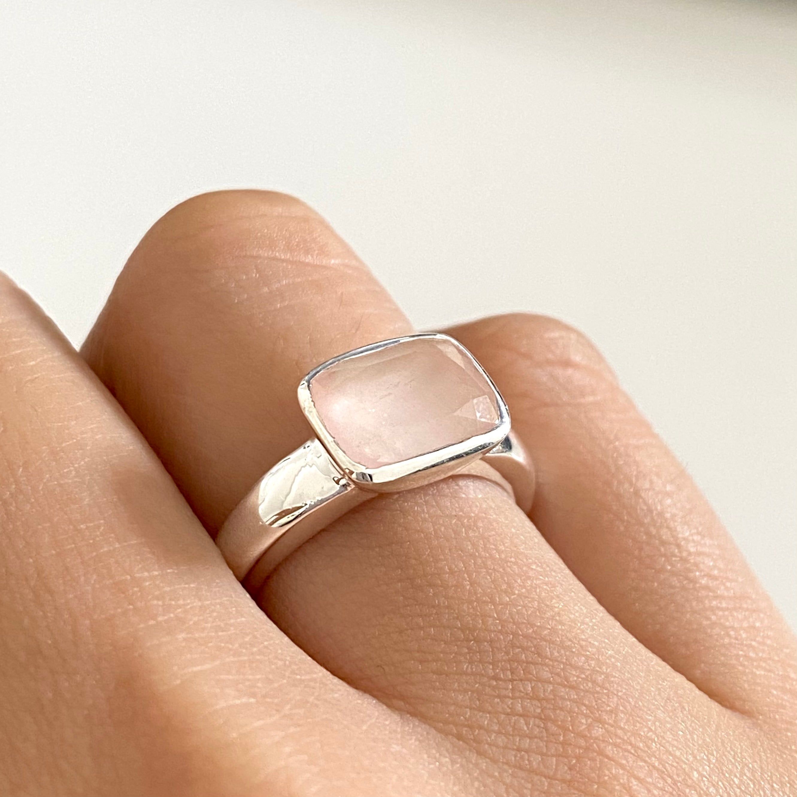 Faceted Rectangular Cut Natural Gemstone Sterling Silver Ring - Rose Quartz