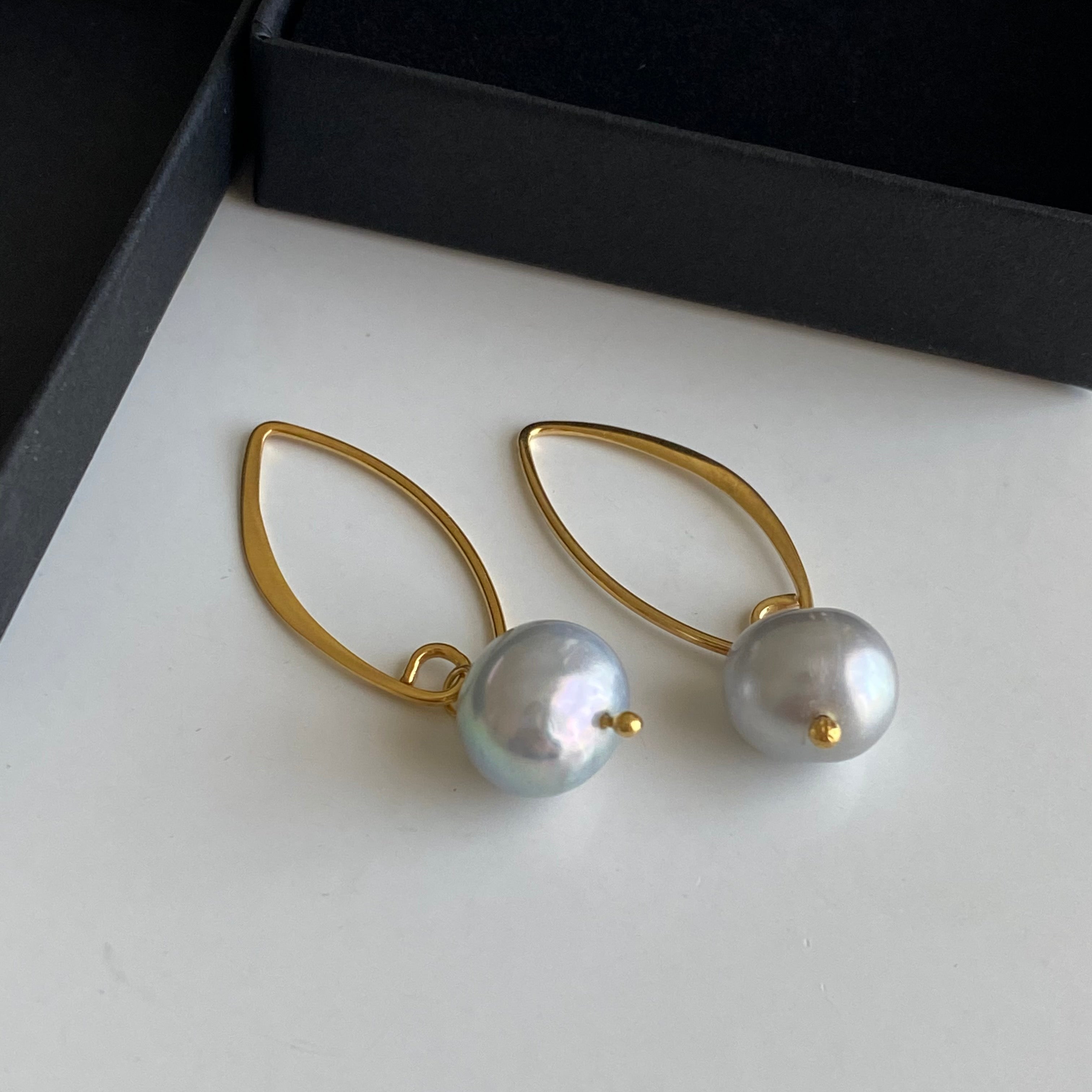 Gold Plated Sterling Silver Threader Earrings - Grey Pearl