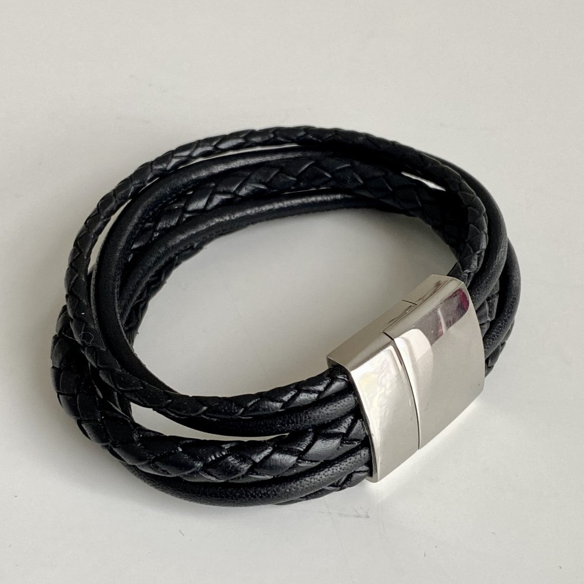 Black Nappa Leather Men's 5 Band Bracelet with a Magnetic Stainless Steel Clasp