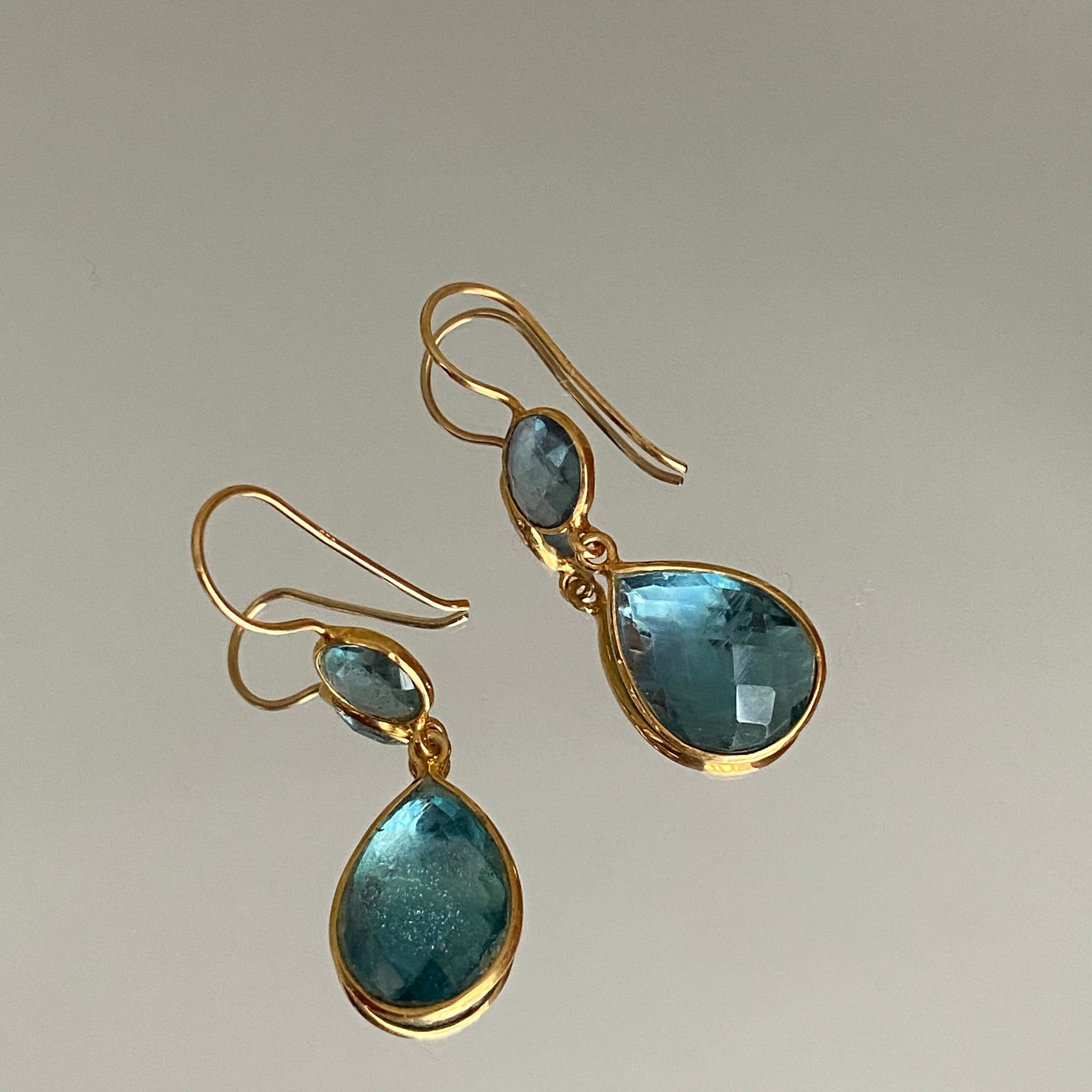 Apatite Gemstone Two Stone Earrings in Gold Plated Sterling Silver - Teardrop