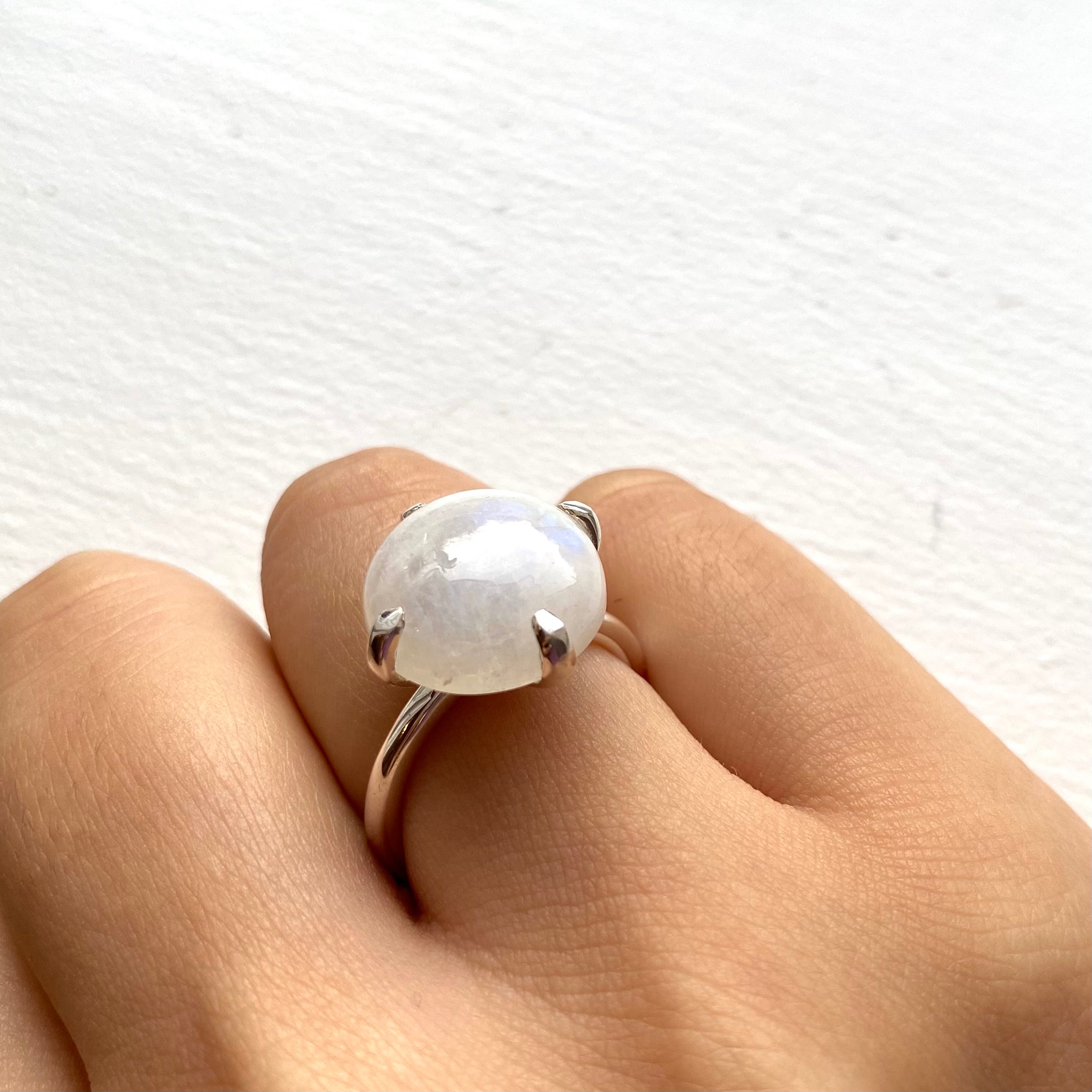 Round Cabochon Moonstone Ring in Sterling Silver