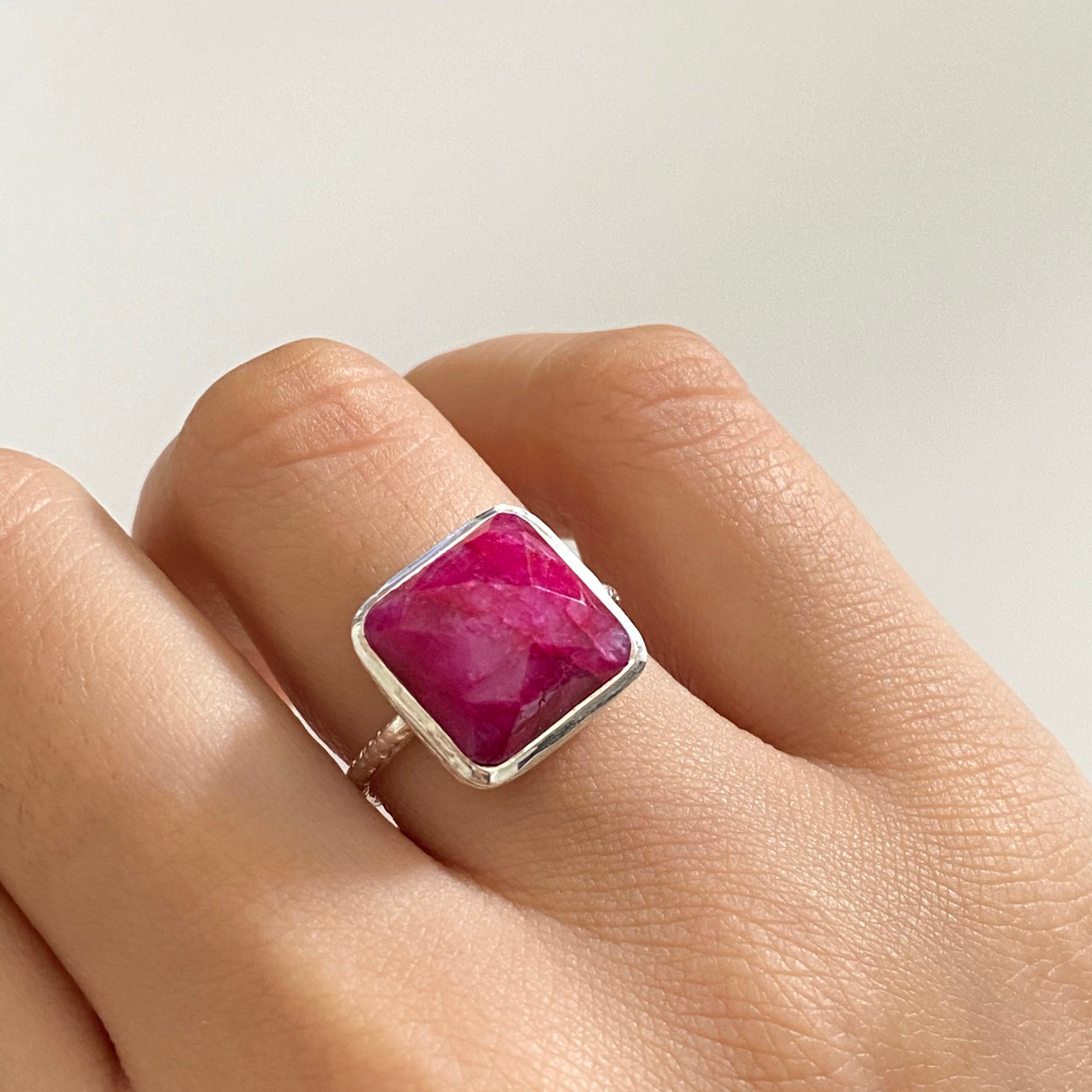 Sterling Silver Ring with Square Semiprecious Stone - Ruby Quartz