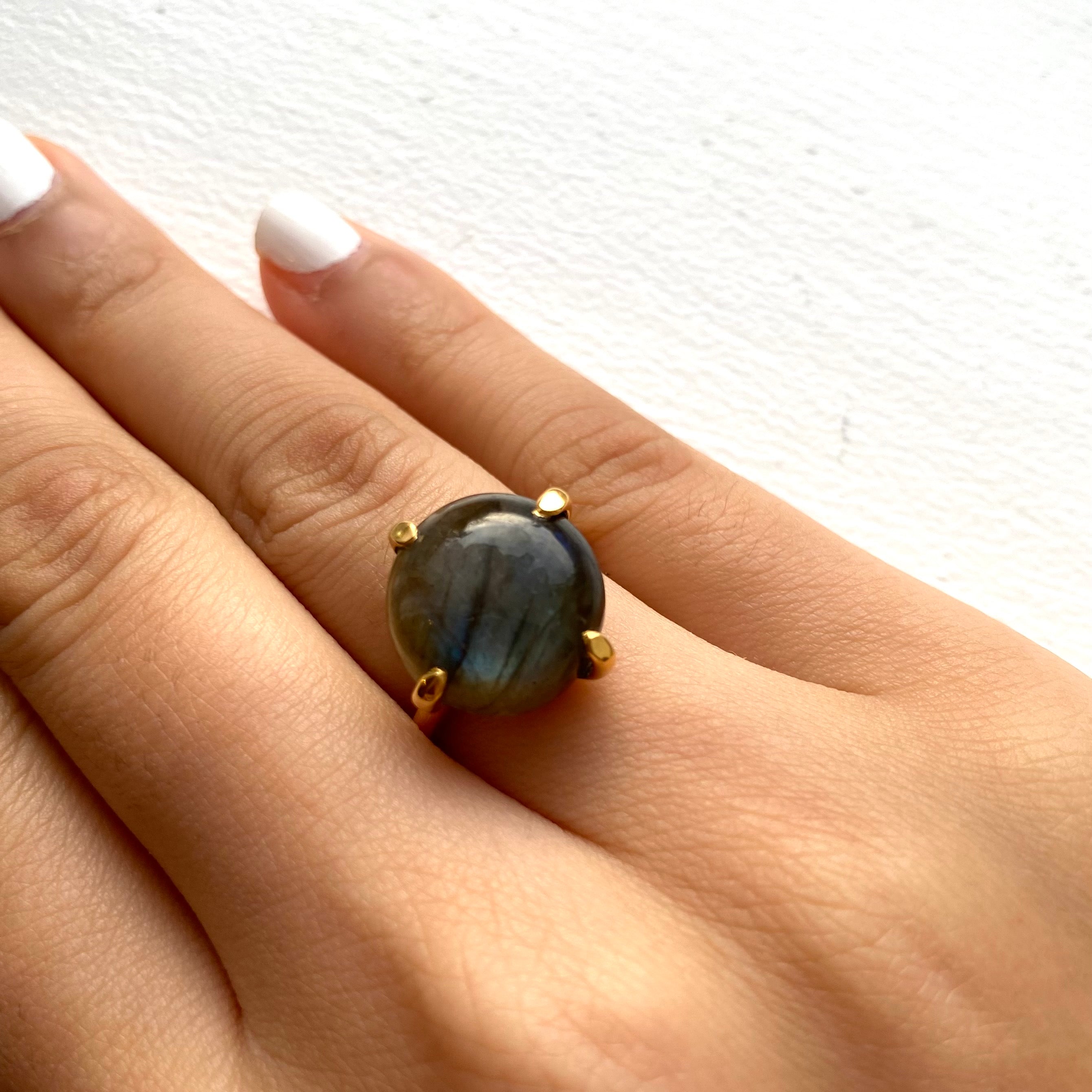 Round Cabochon Labradorite Ring in Gold Plated Sterling Silver