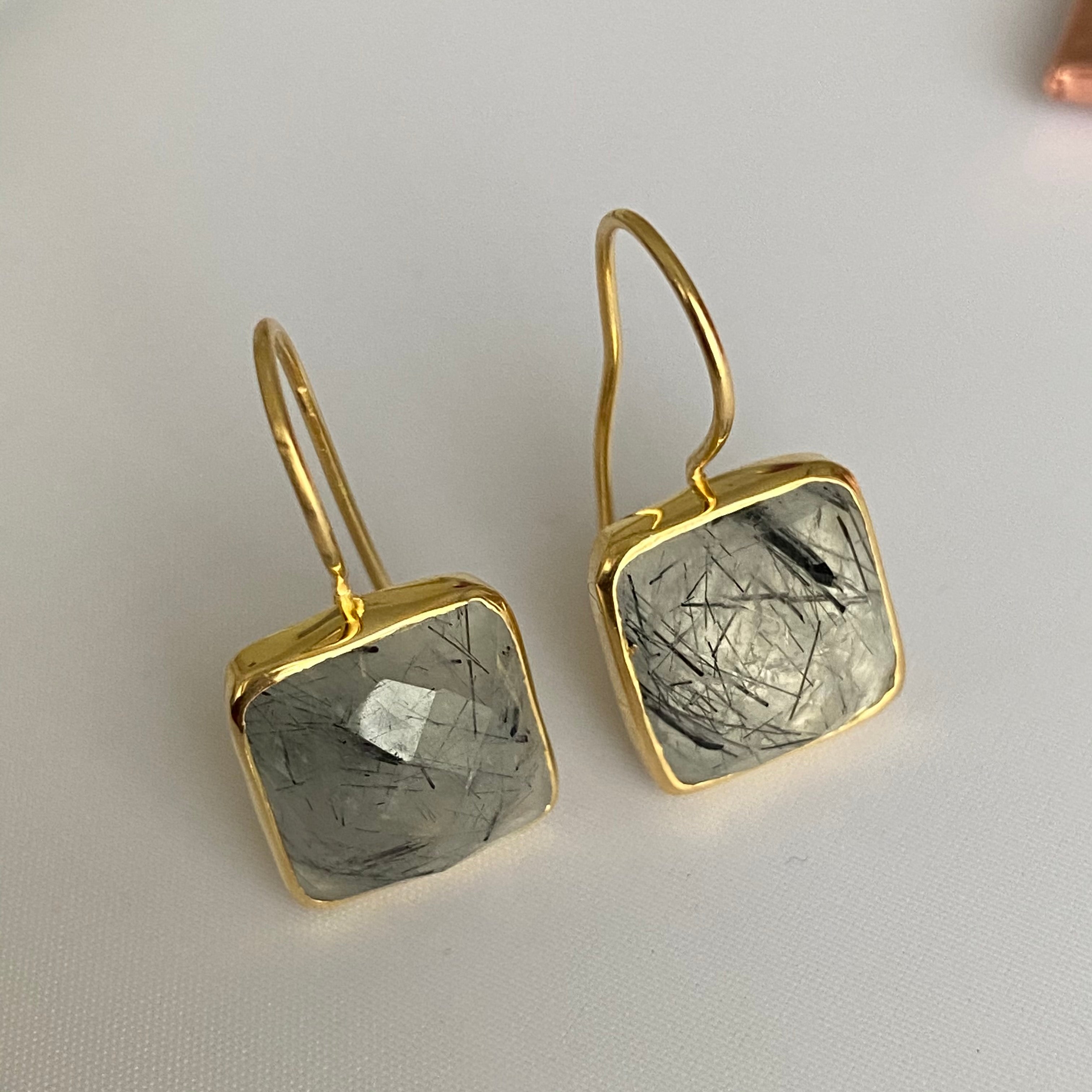 Gold Plated Sterling Silver Square Gemstone Earrings - Black Rutilated Quartz