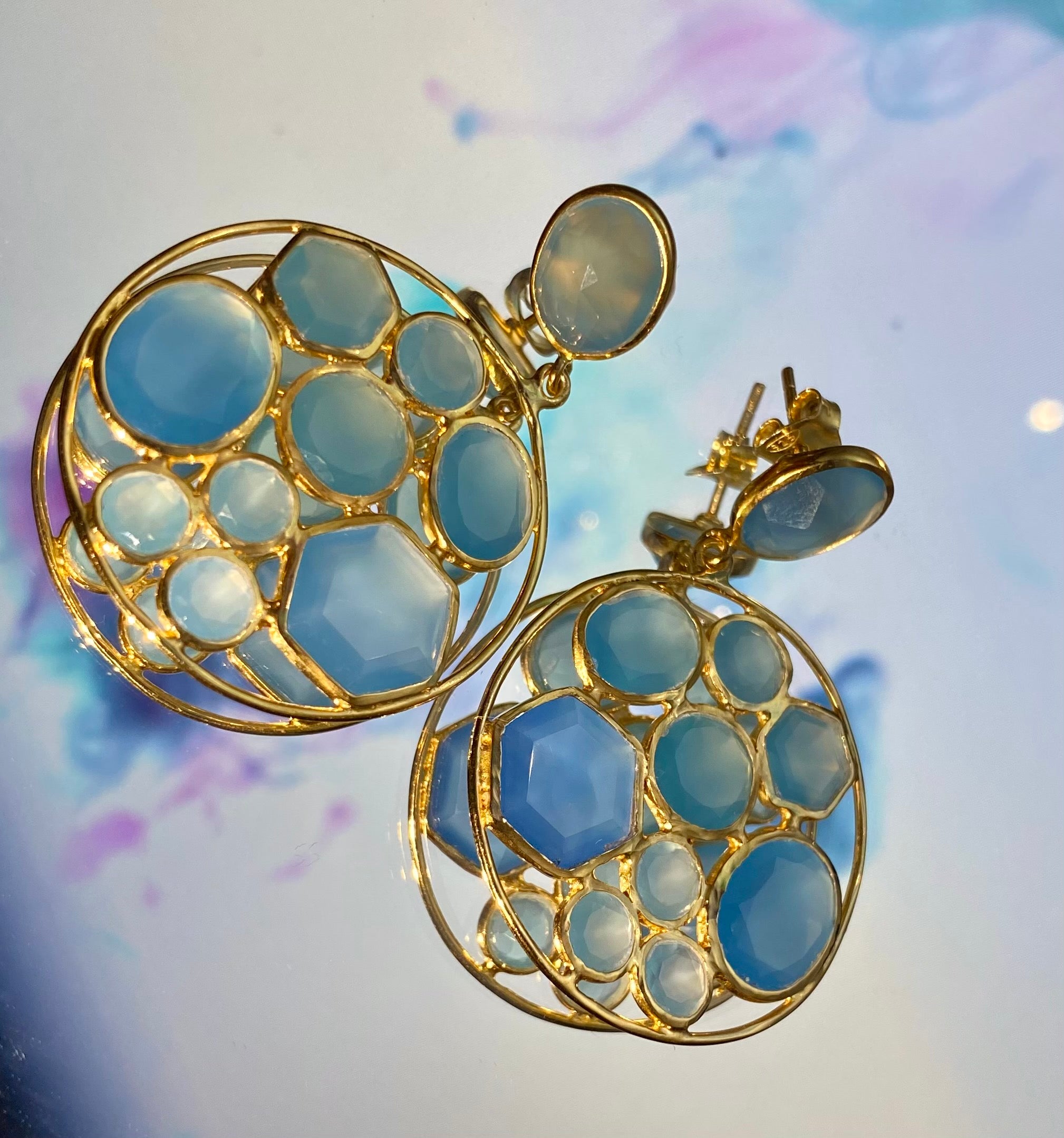 Long Gemstone Earrings with a Round Disc Drop with Stones in Gold Plated Sterling Silver - Aqua Chalcedony and Blue Topaz