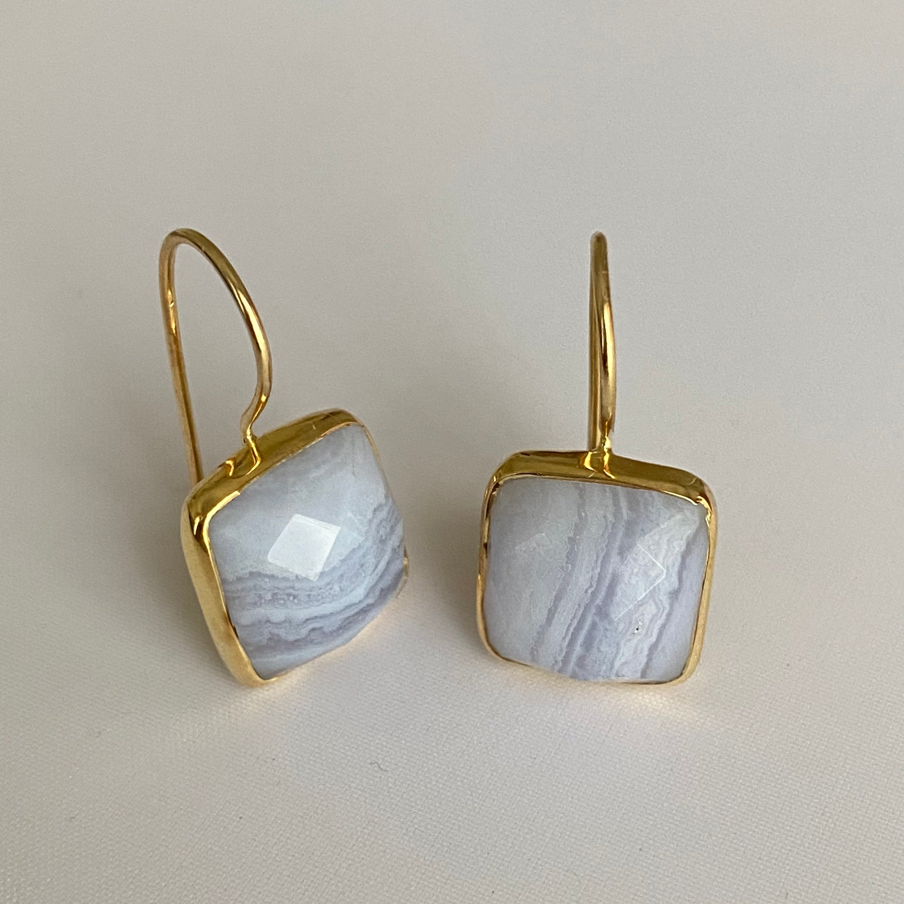 Gold Plated Sterling Silver Square Gemstone Earrings - Blue Laced Agate